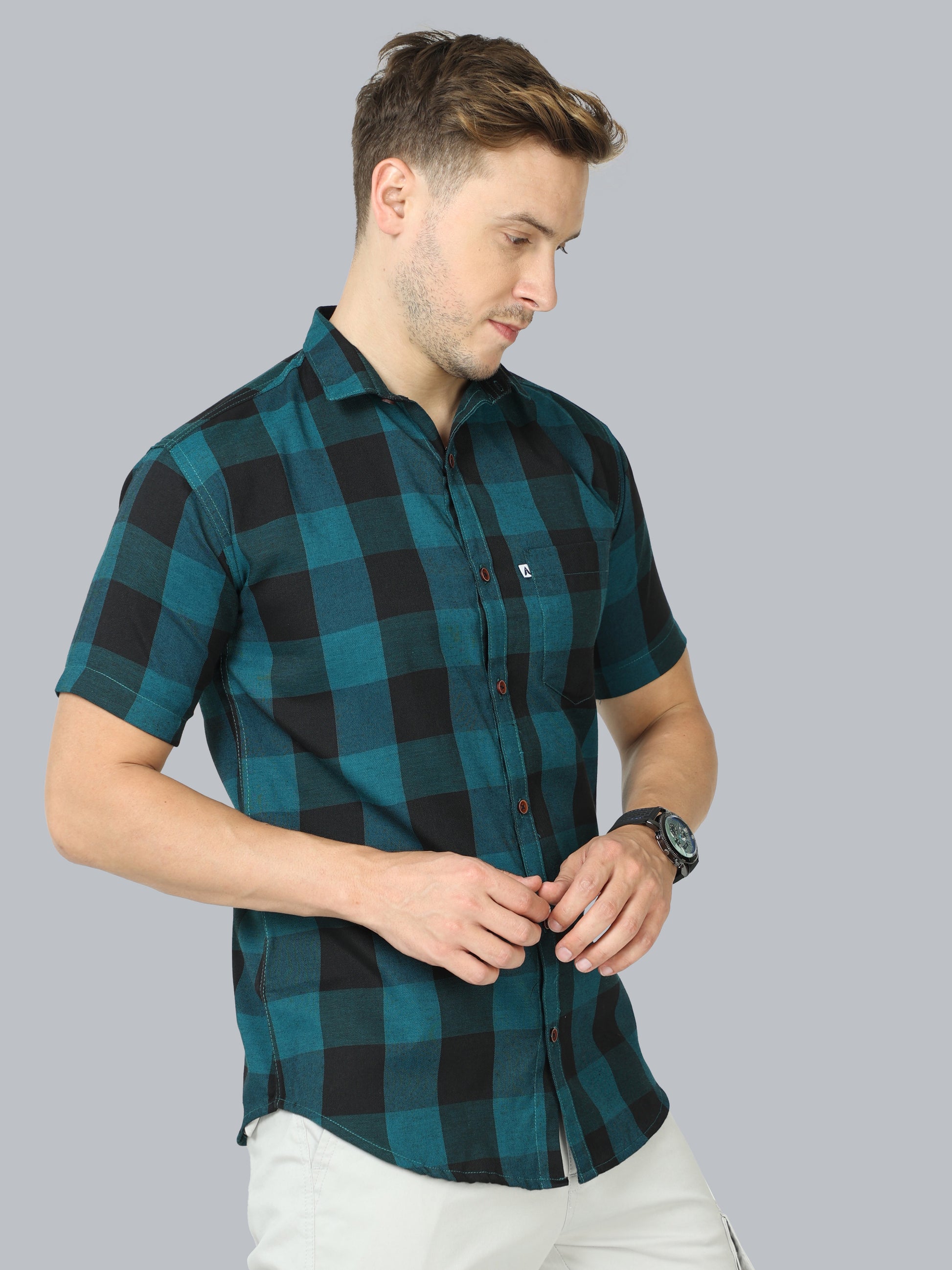 Tomtom Cotton Blend Blue Check Shirt Mens Half Sleeve