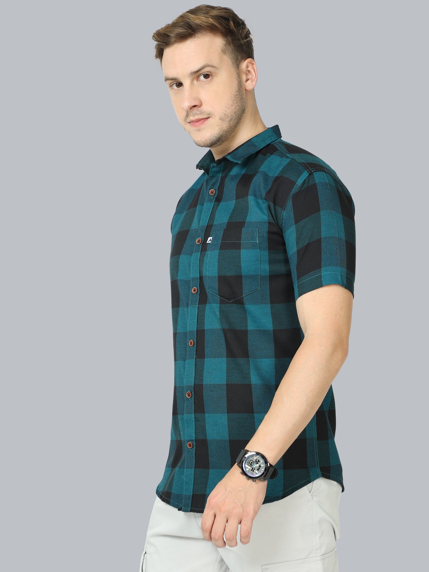 Tomtom Cotton Blend Blue Check Shirt Mens Half Sleeve