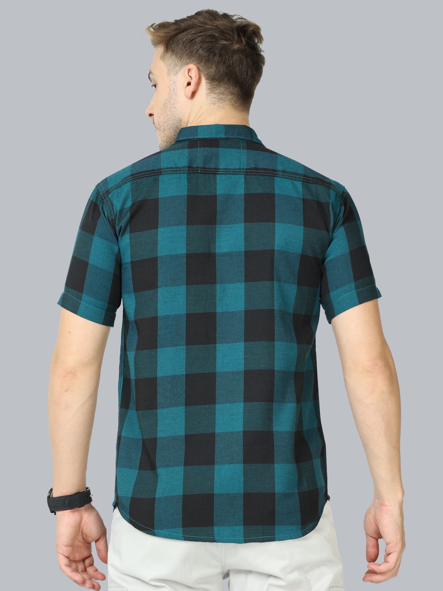 Tomtom Cotton Blend Blue Check Shirt Mens Half Sleeve