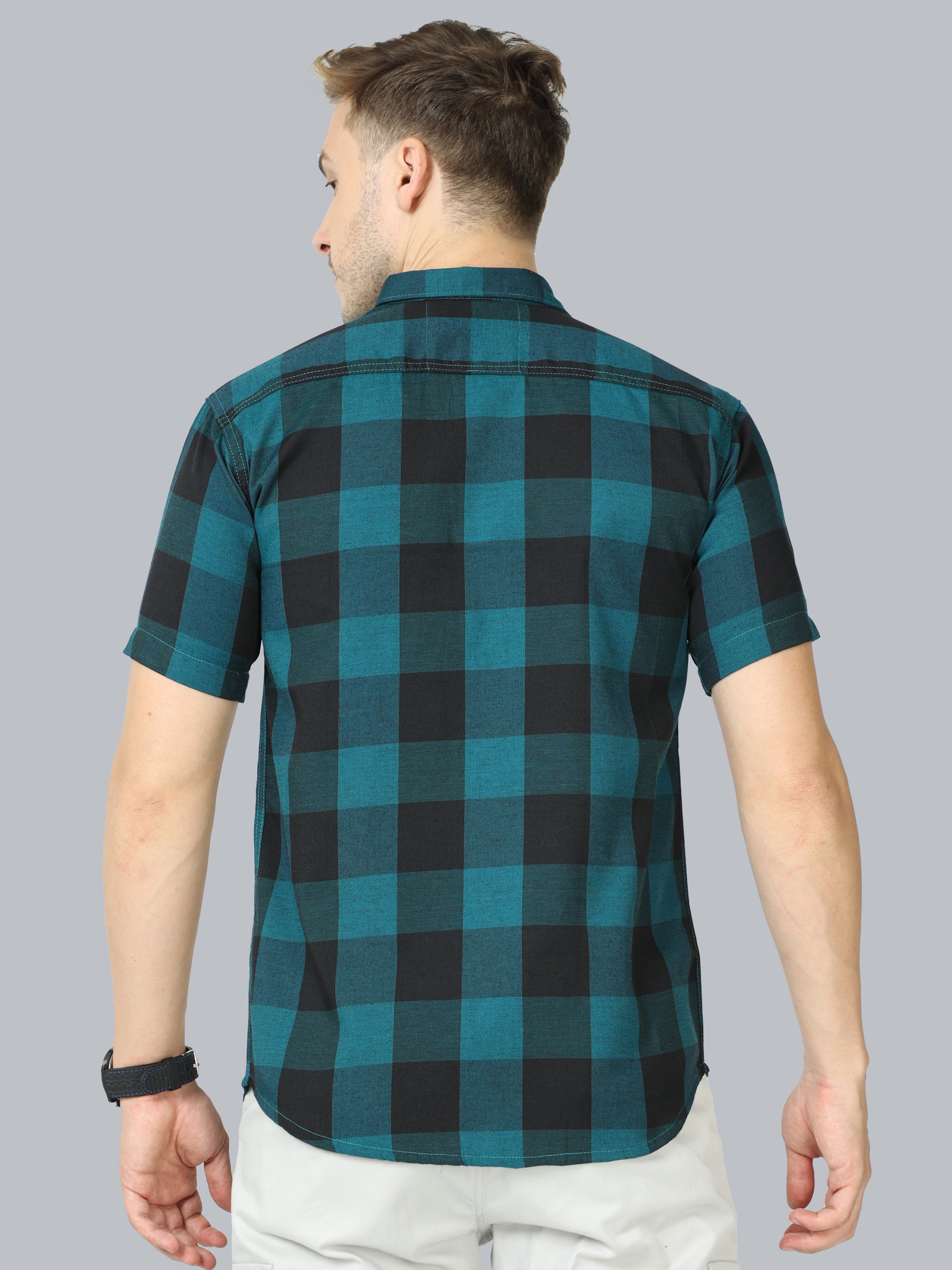 Tomtom Cotton Blend Blue Check Shirt Mens Half Sleeve