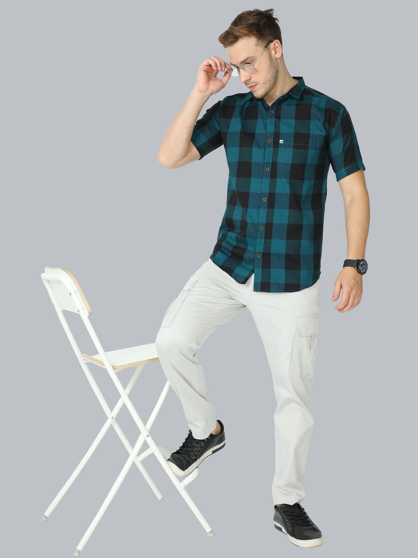 Tomtom Cotton Blend Blue Check Shirt Mens Half Sleeve