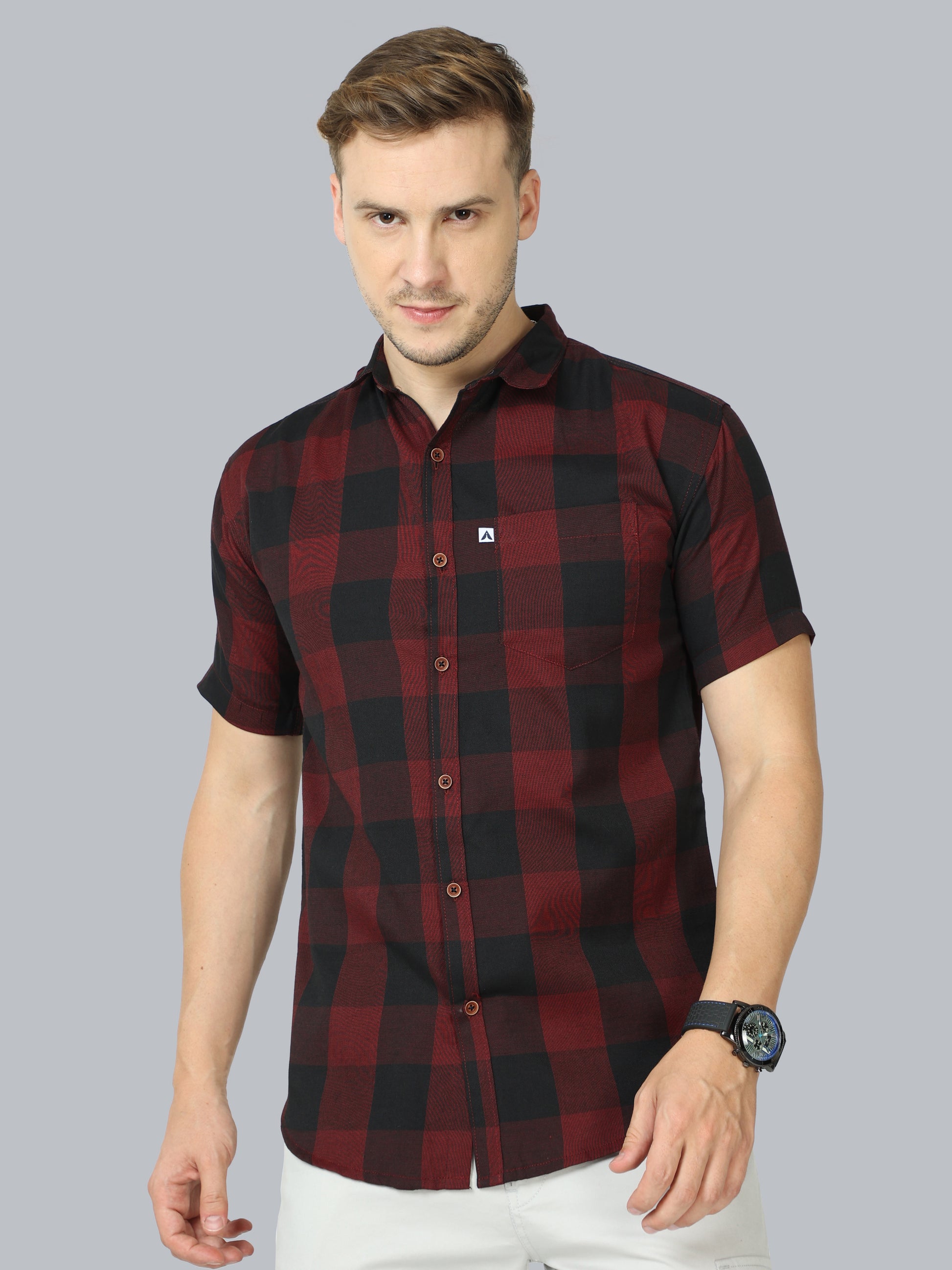 Tomtom Cotton Blend Half Sleeve Maroon Check Shirt For Men