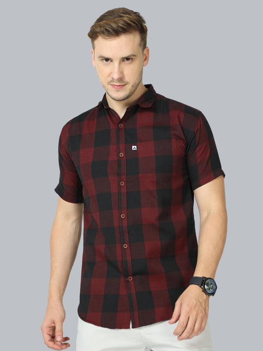 Tomtom Cotton Blend Half Sleeve Maroon Check Shirt For Men