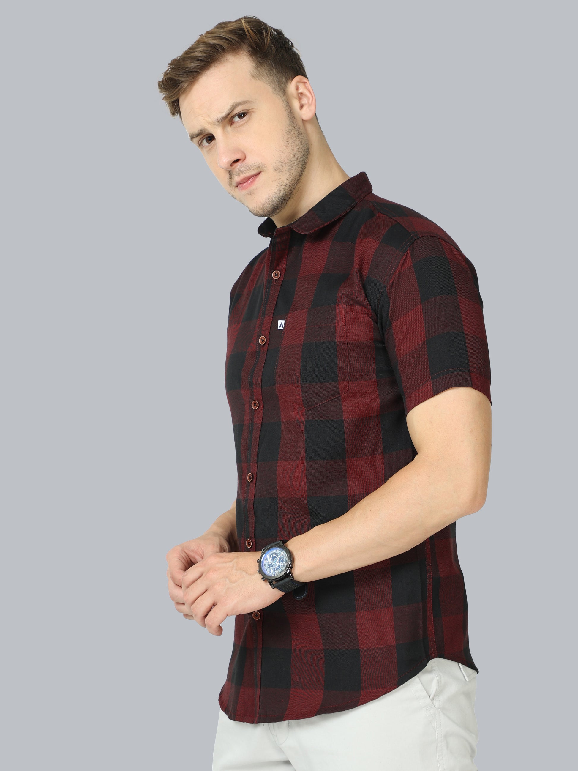 Tomtom Cotton Blend Half Sleeve Maroon Check Shirt For Men