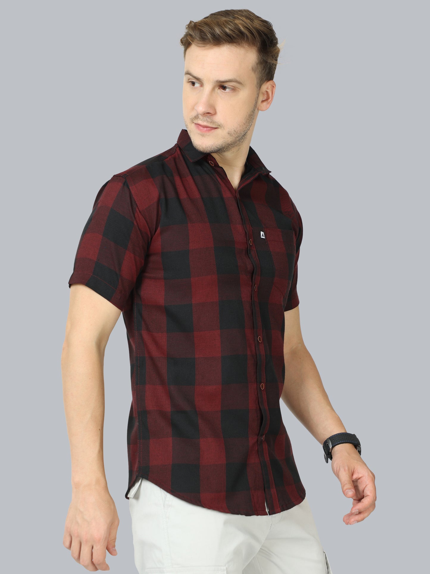 Tomtom Cotton Blend Half Sleeve Maroon Check Shirt For Men