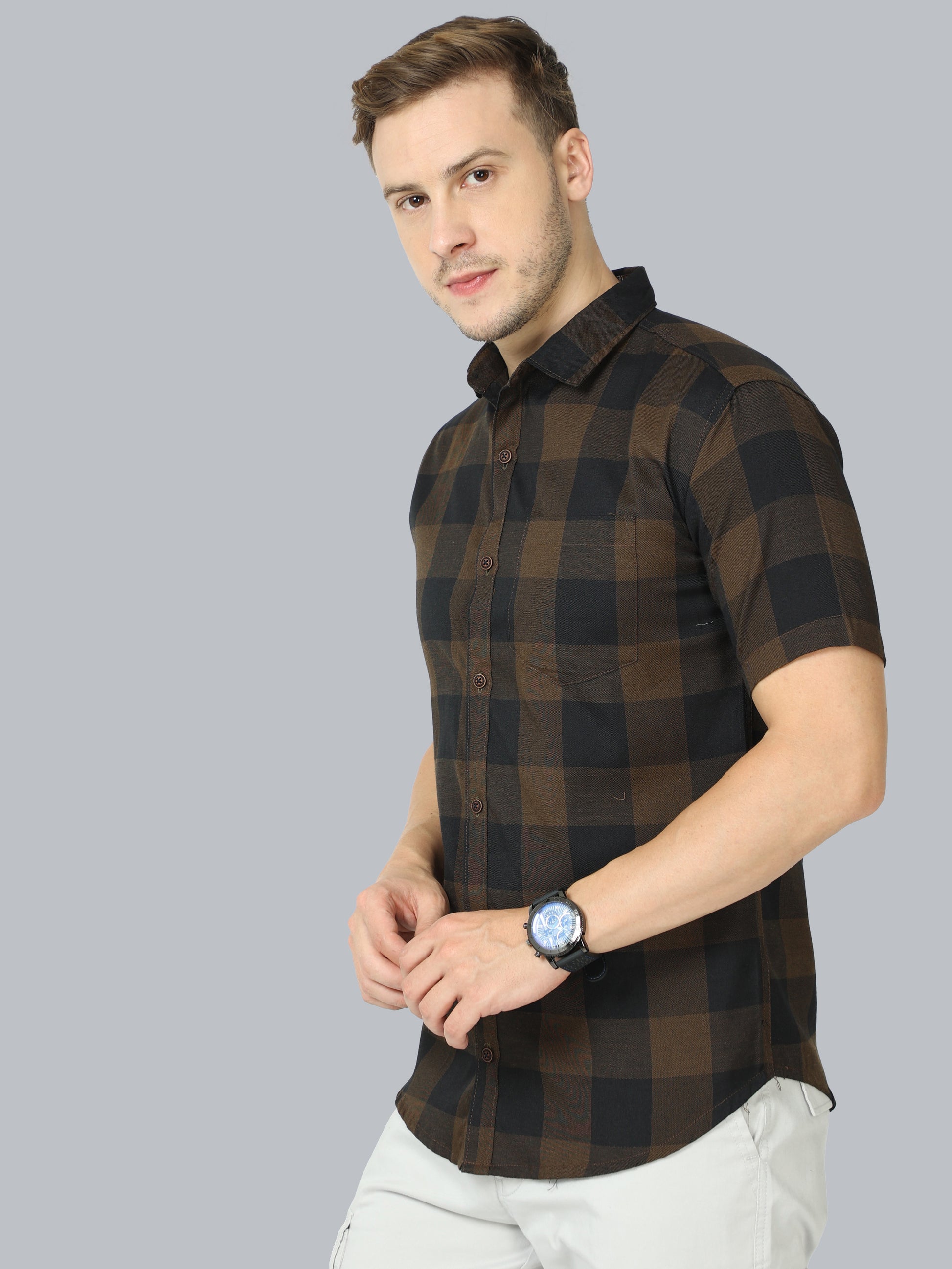 Tomtom Half Sleeve Brown Plaid Shirt For Men Cotton Blend