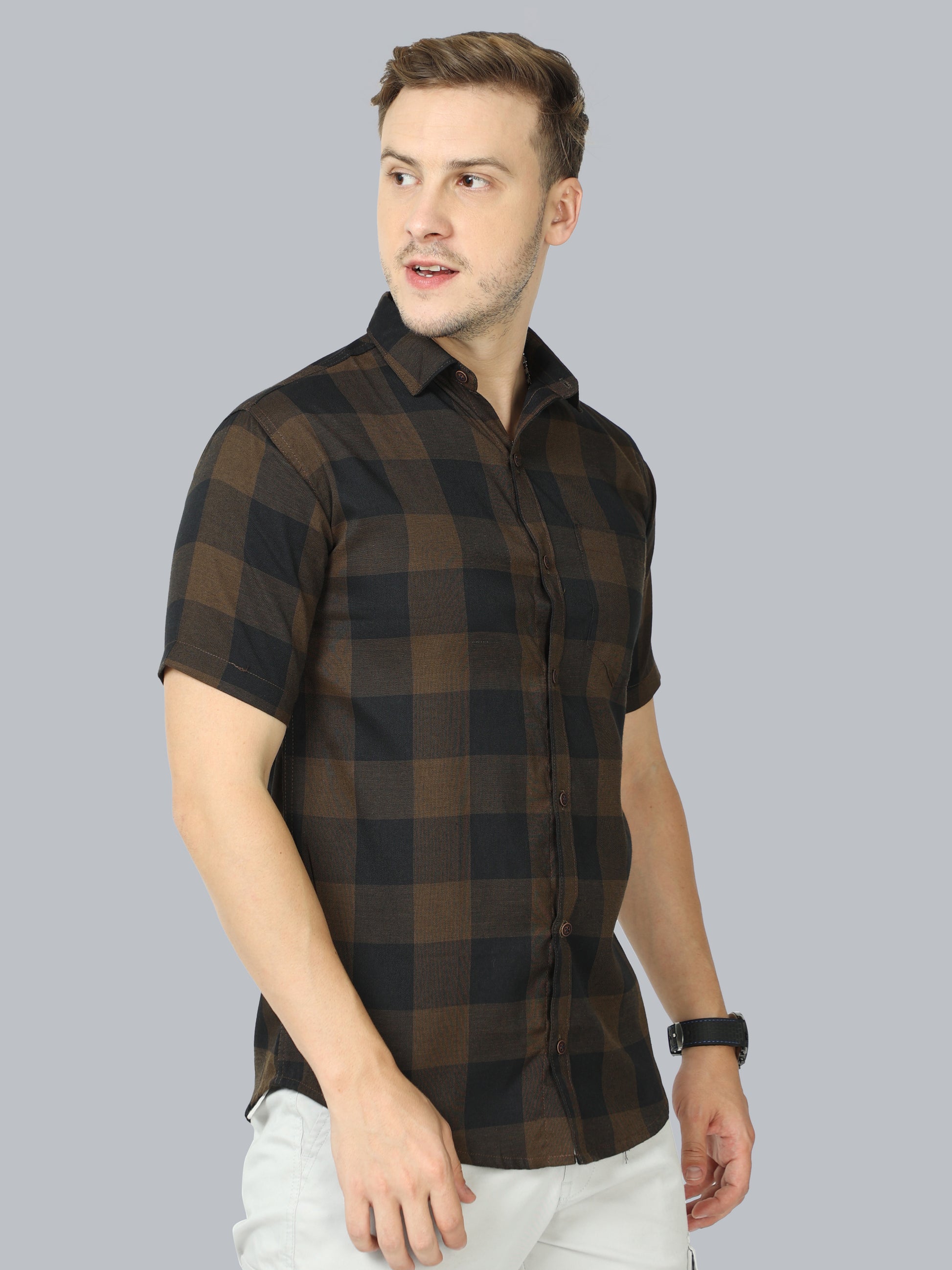 Tomtom Half Sleeve Brown Plaid Shirt For Men Cotton Blend
