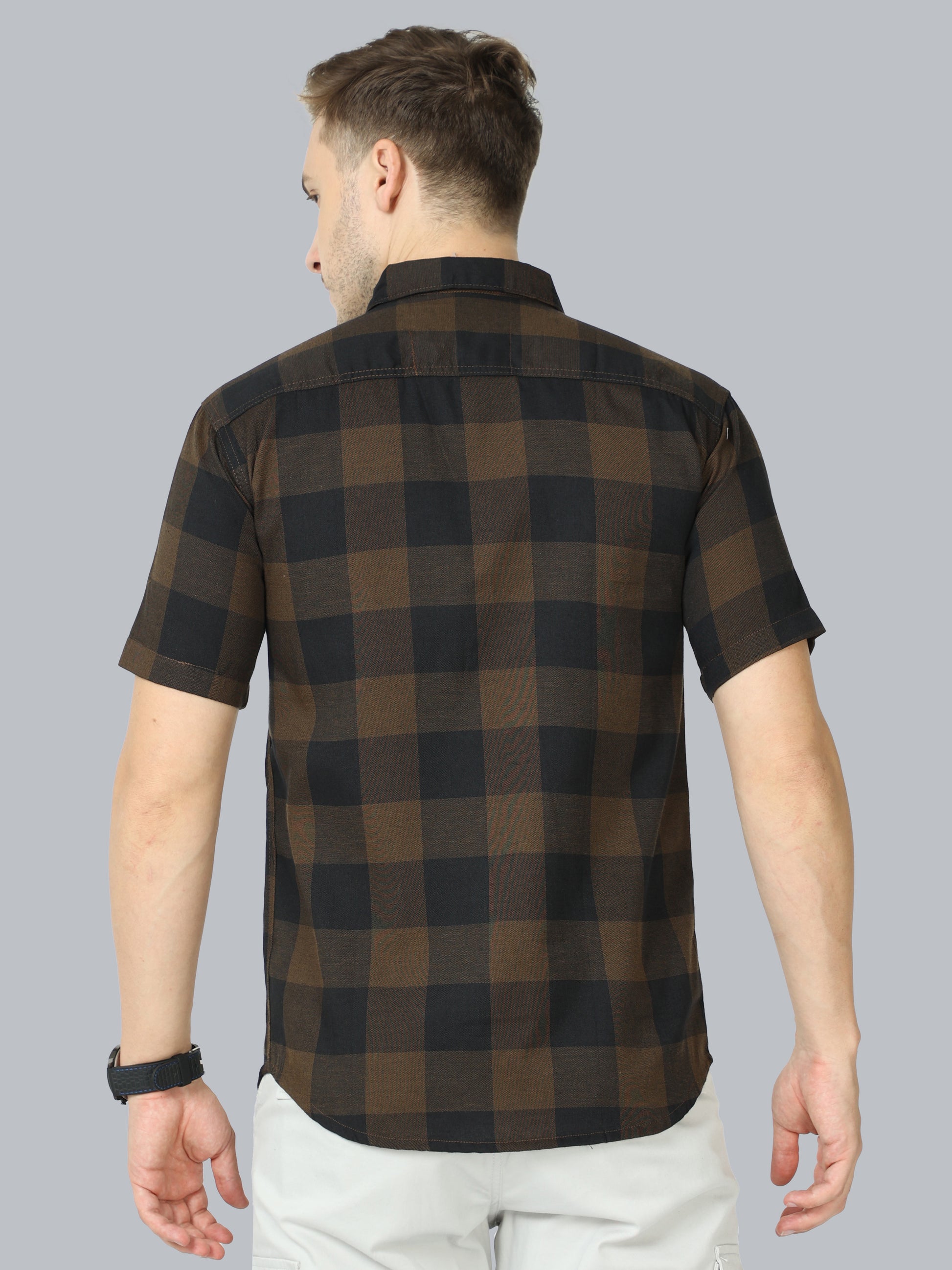 Tomtom Half Sleeve Brown Plaid Shirt For Men Cotton Blend