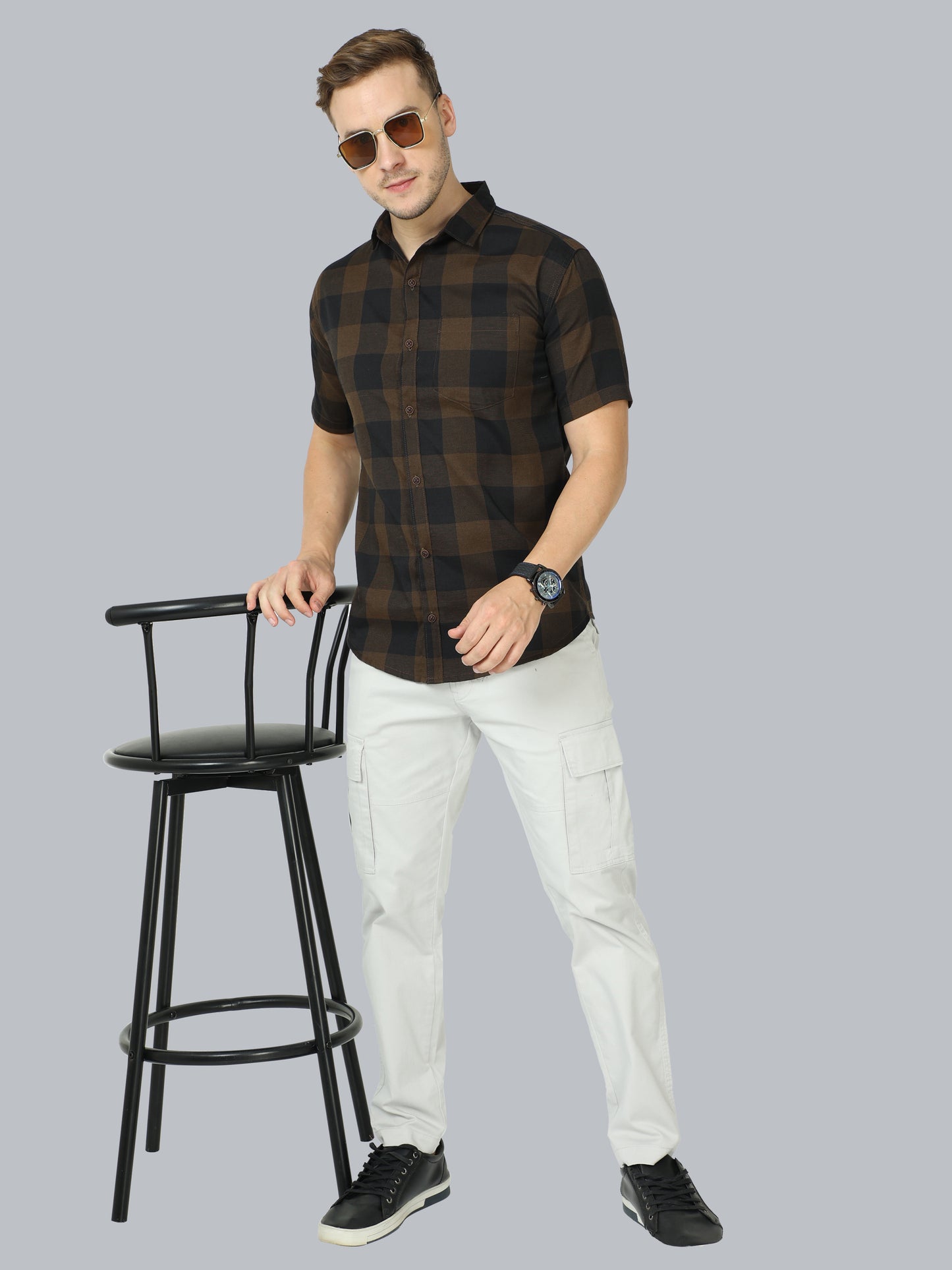 Tomtom Half Sleeve Brown Plaid Shirt For Men Cotton Blend