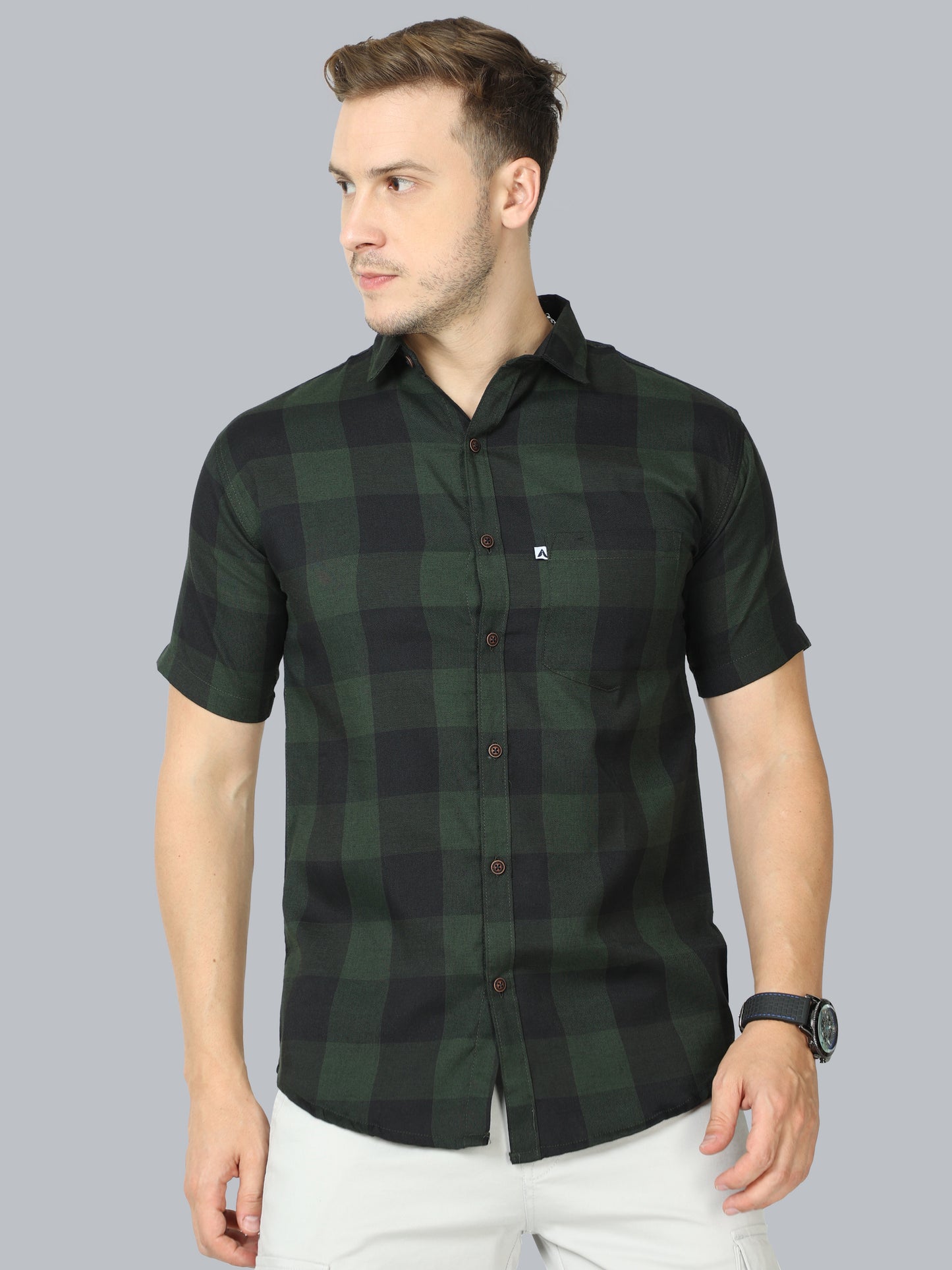 Half Sleeve Cotton Blend Tomtom Mens Plaid Shirt Green