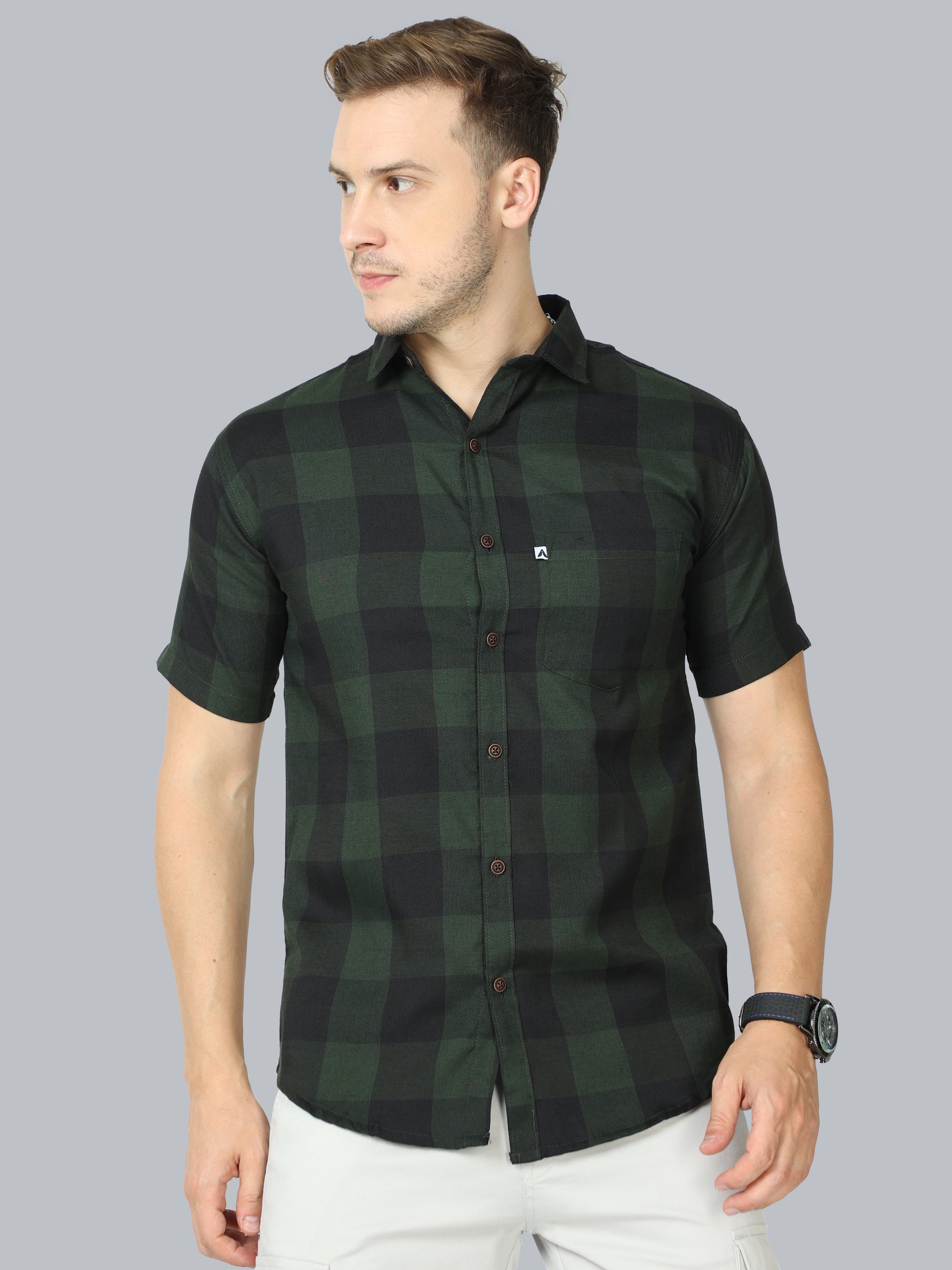 Half Sleeve Cotton Blend Tomtom Mens Plaid Shirt Green