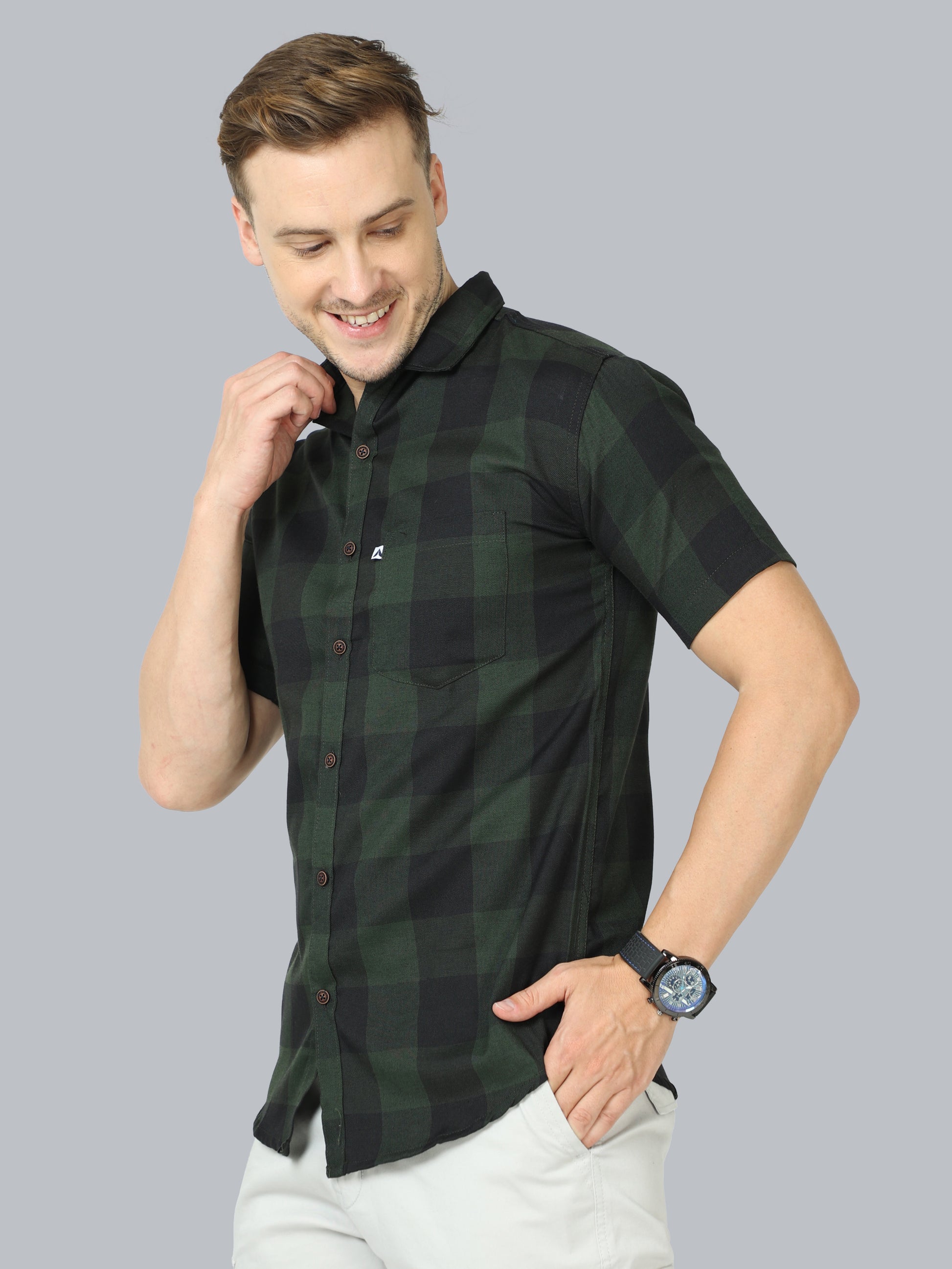 Half Sleeve Cotton Blend Tomtom Mens Plaid Shirt Green