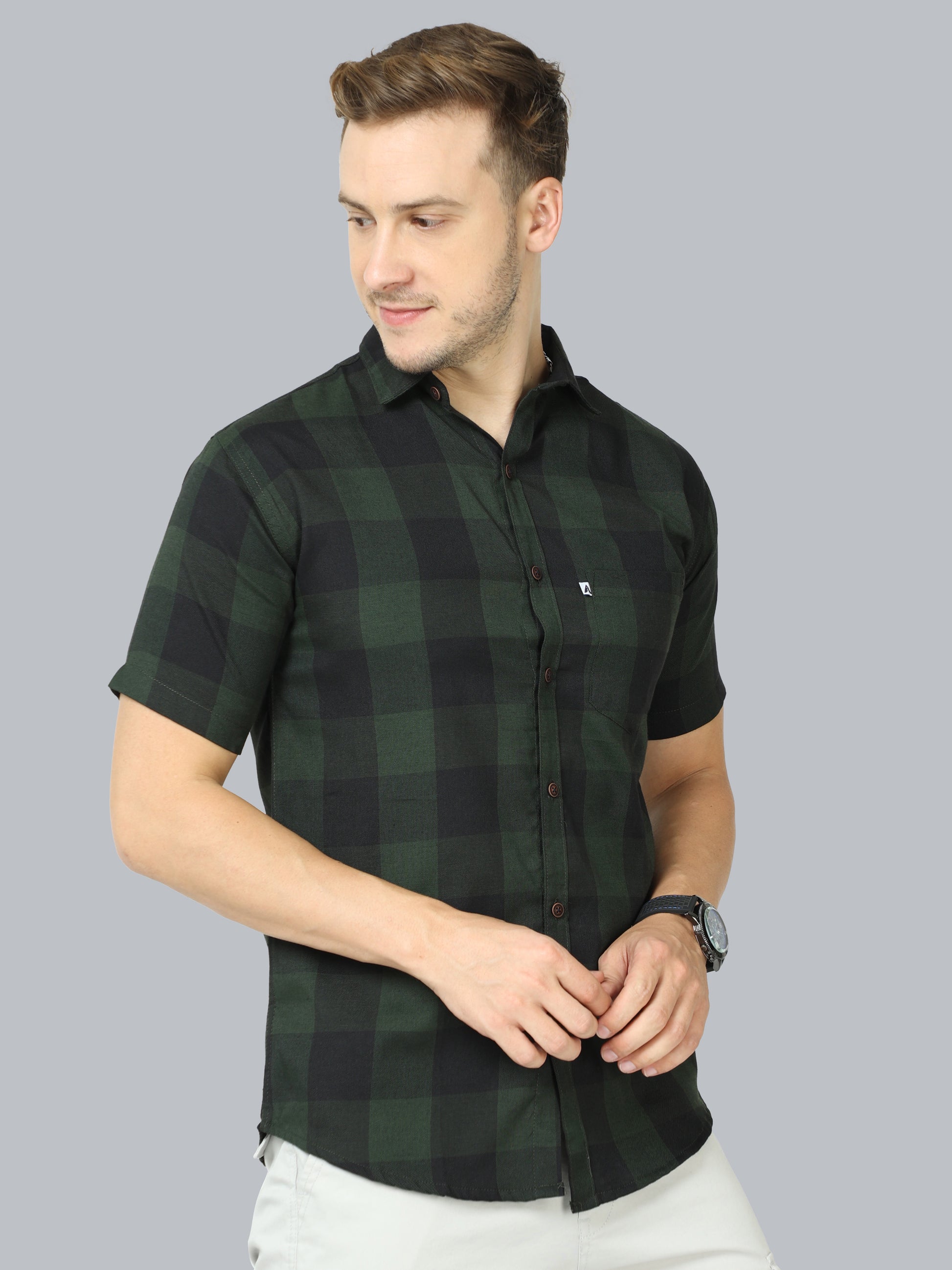 Half Sleeve Cotton Blend Tomtom Mens Plaid Shirt Green