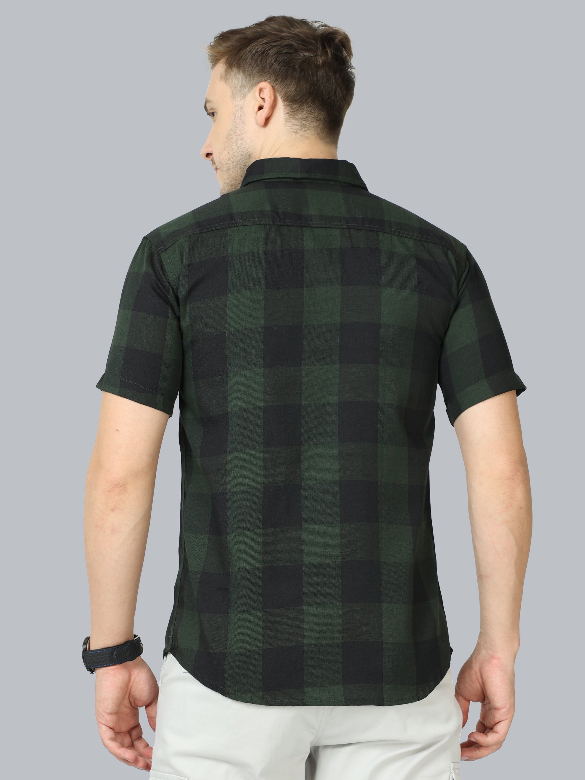 Half Sleeve Cotton Blend Tomtom Mens Plaid Shirt Green