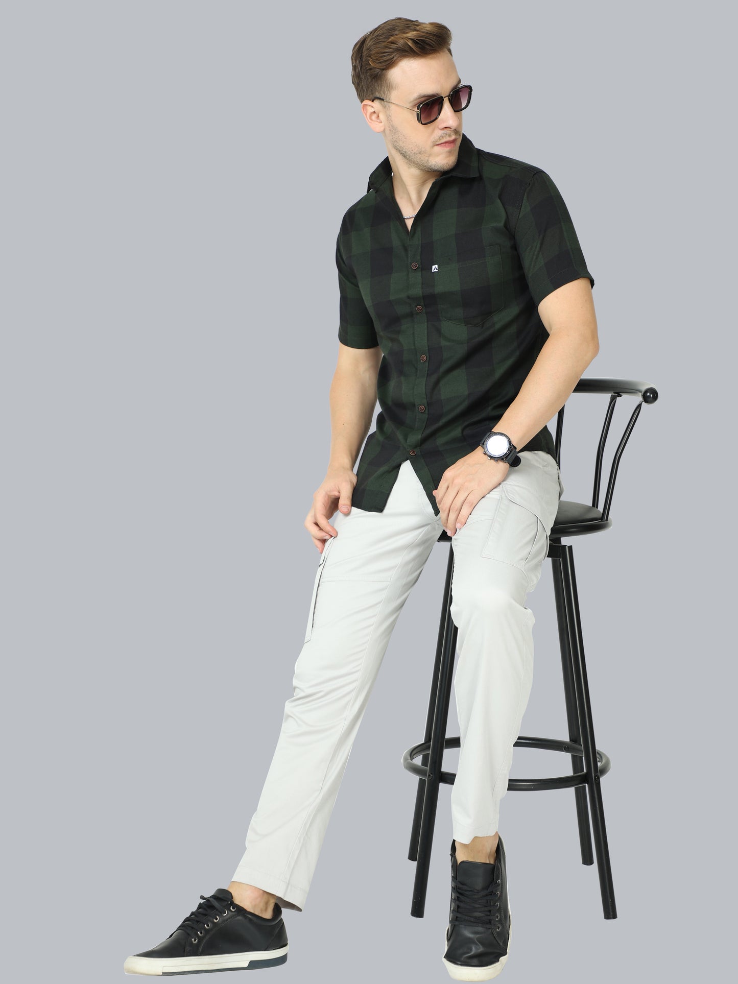 Half Sleeve Cotton Blend Tomtom Mens Plaid Shirt Green