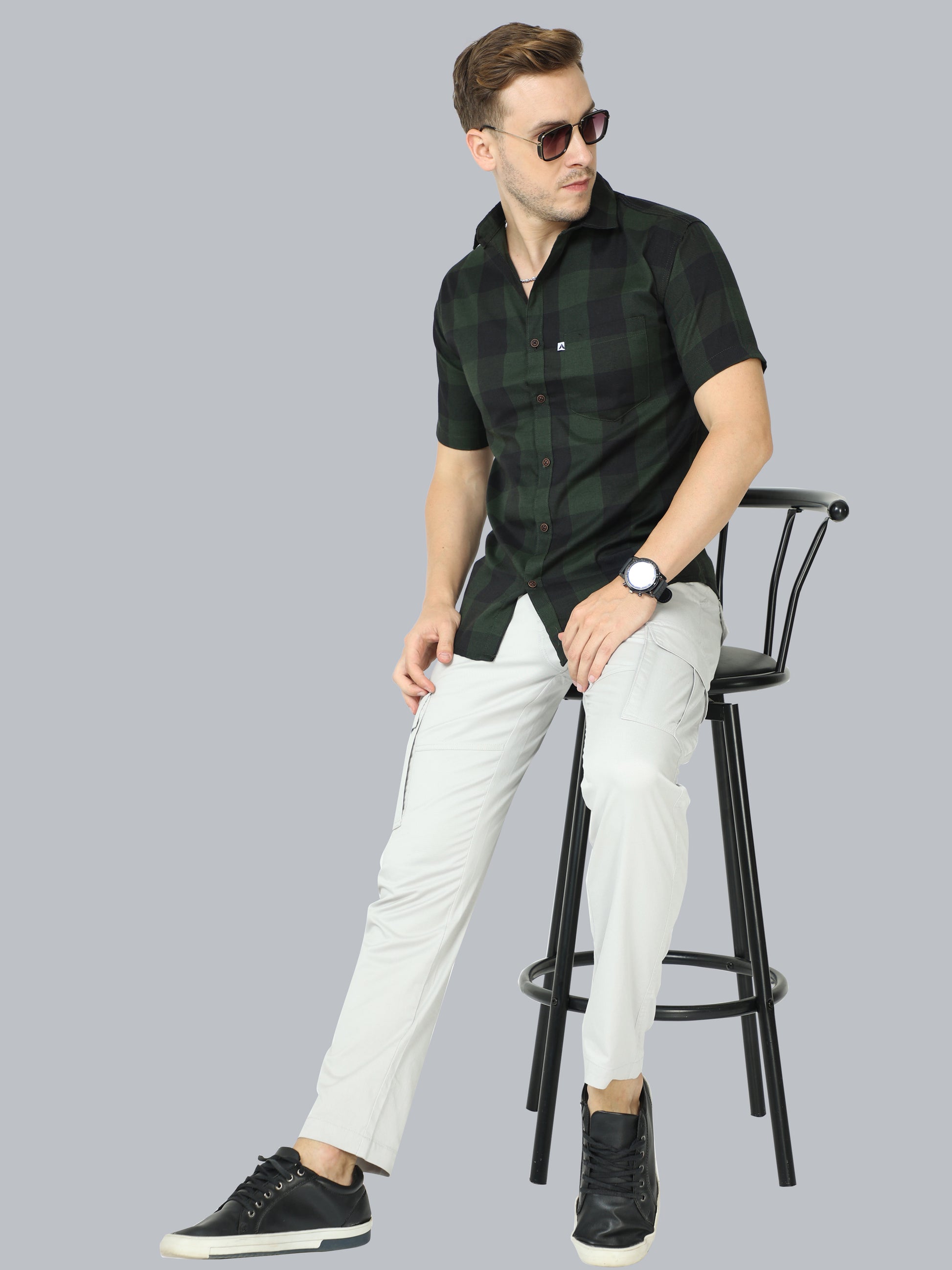 Half Sleeve Cotton Blend Tomtom Mens Plaid Shirt Green