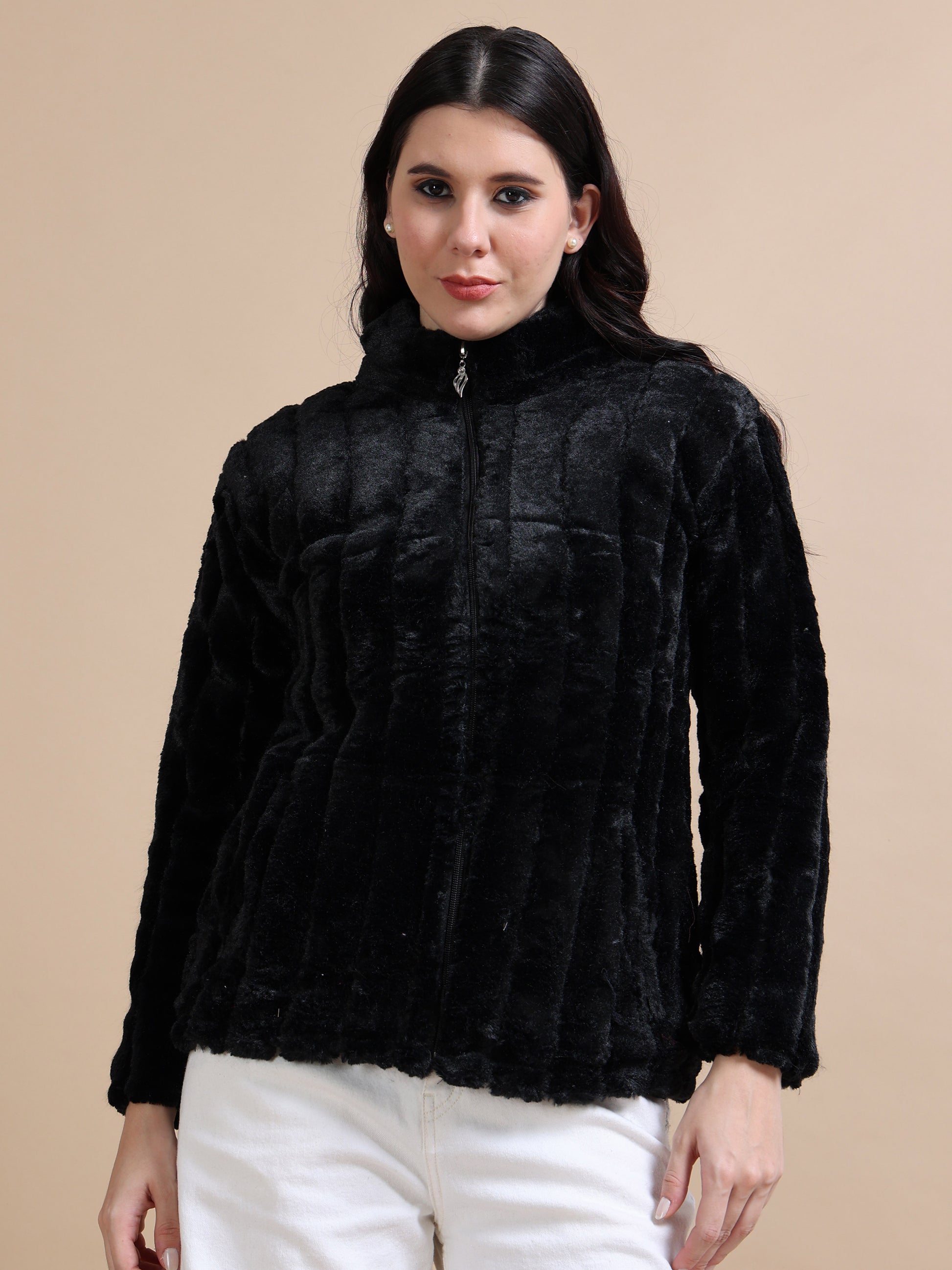 Slim Fit Solid Rabbit Black Fur Jacket for Women