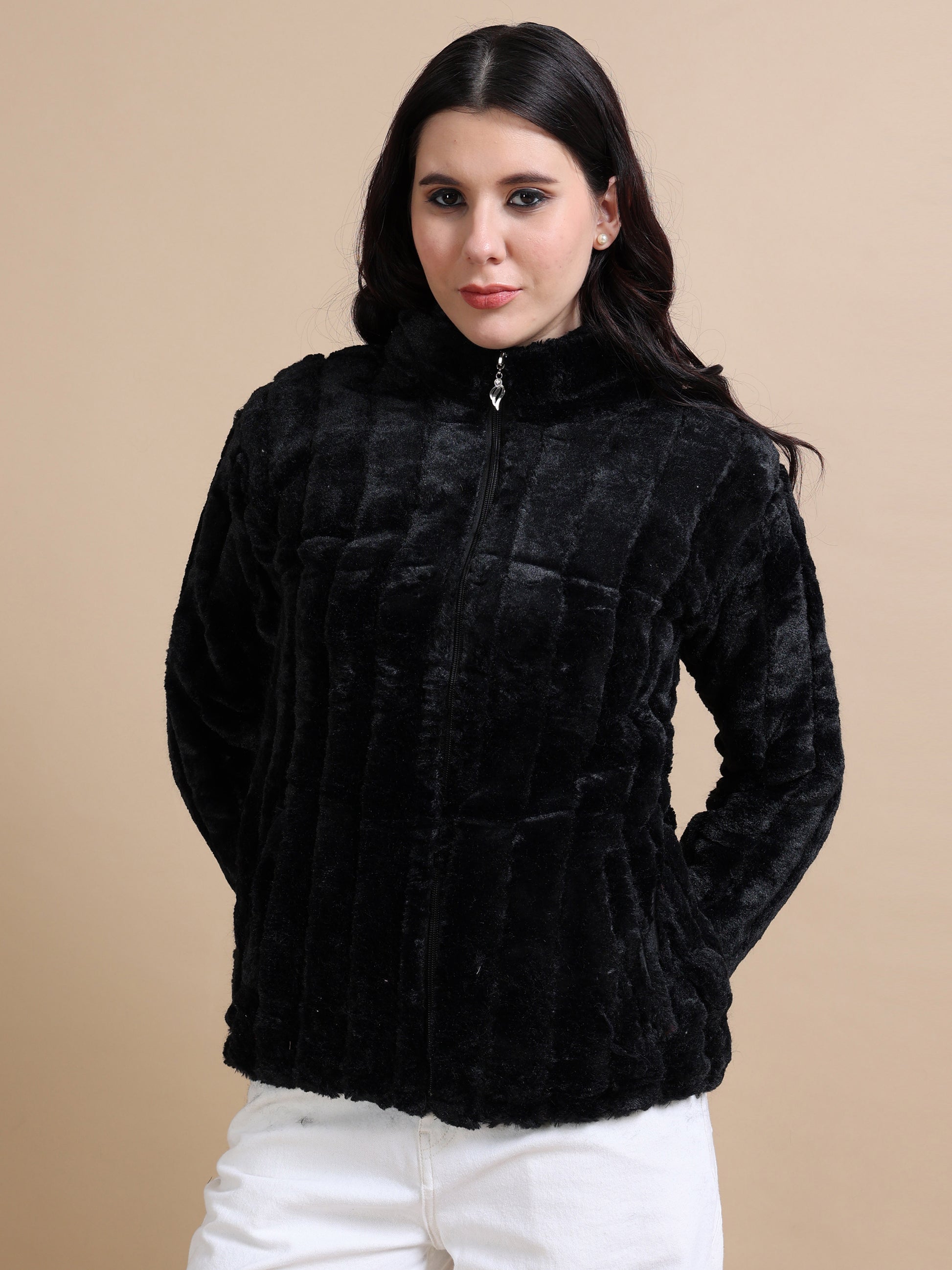 Slim Fit Solid Rabbit Black Fur Jacket for Women