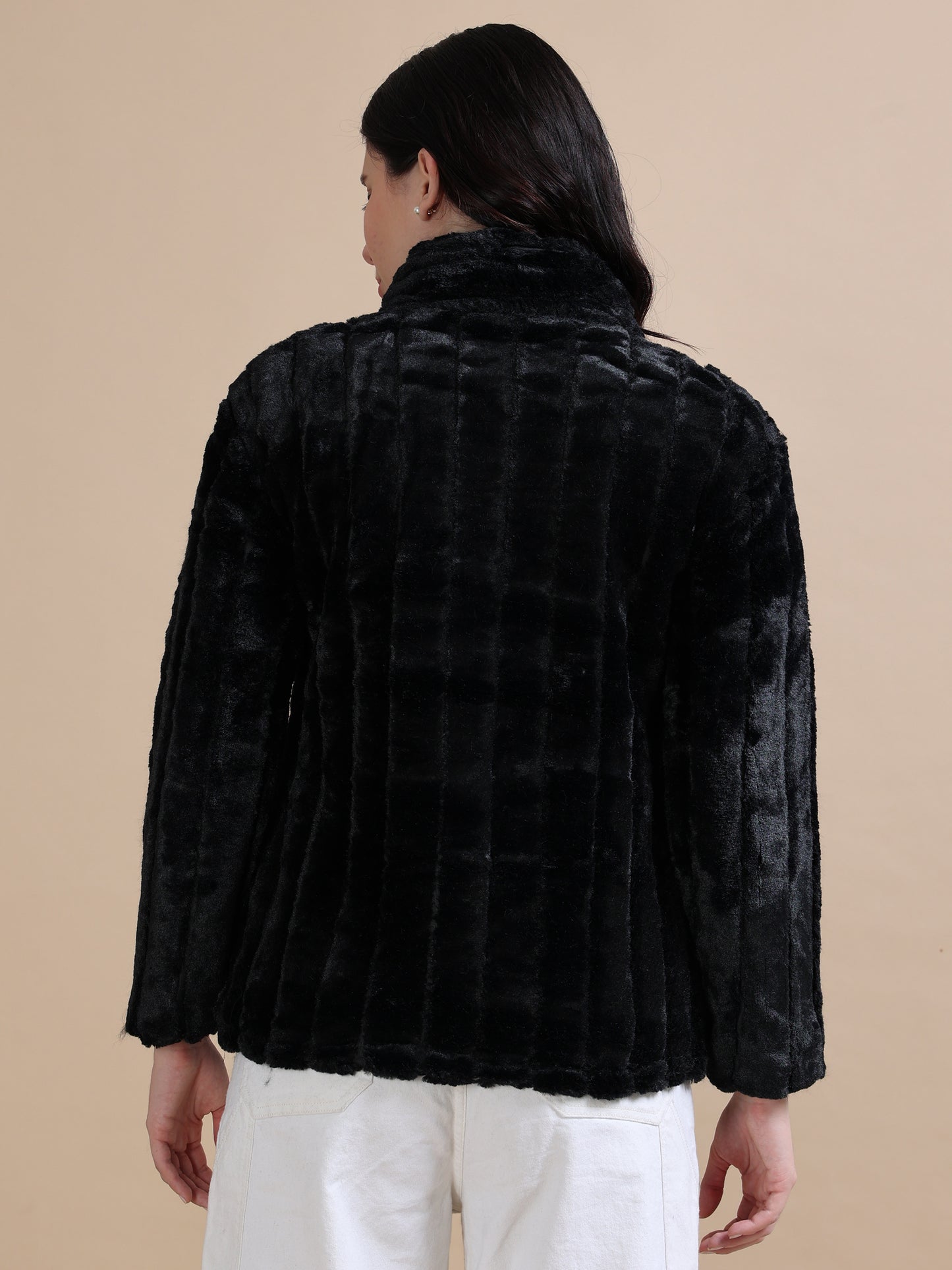 Slim Fit Solid Rabbit Black Fur Jacket for Women