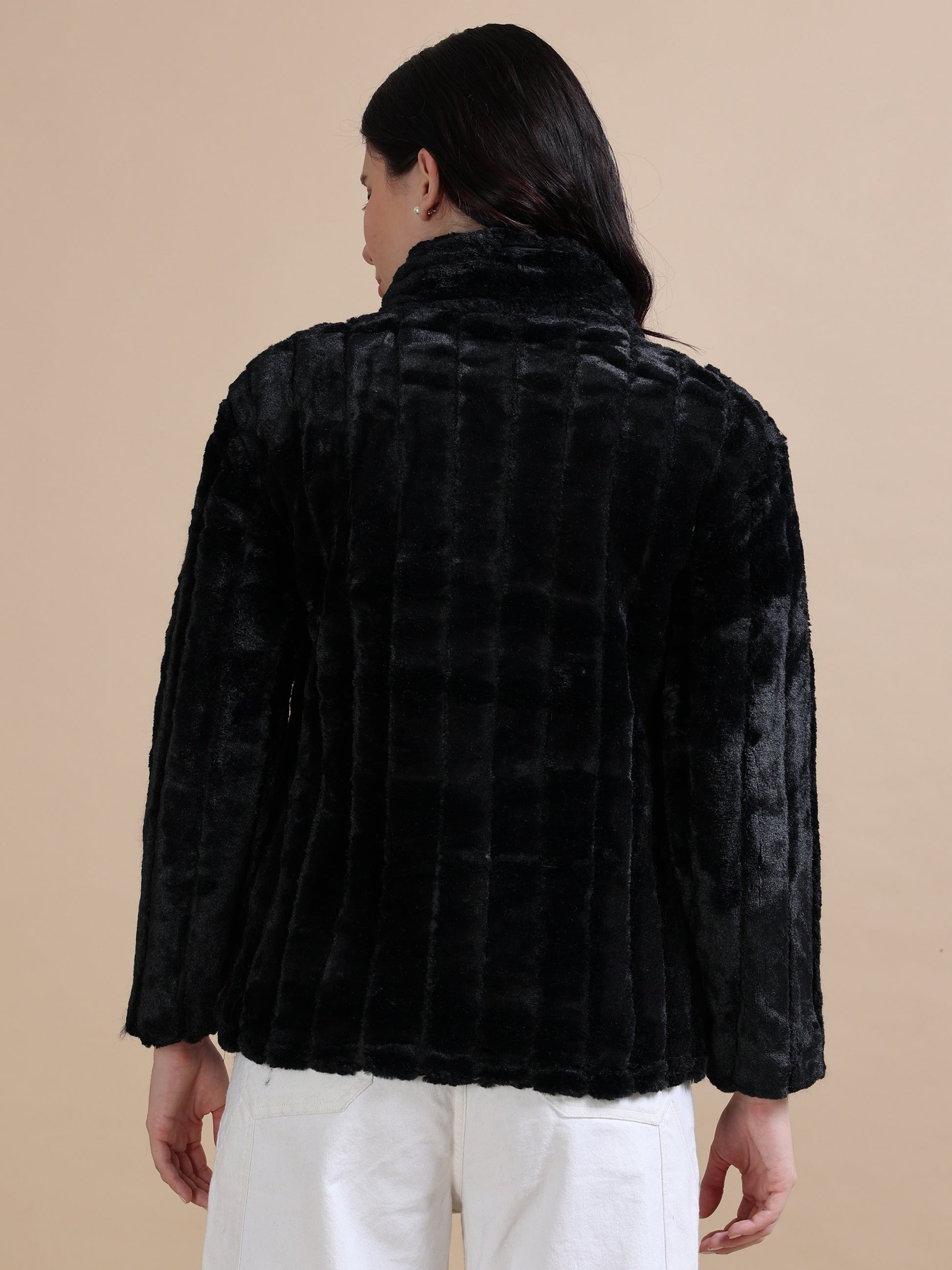 Slim Fit Solid Rabbit Black Fur Jacket for Women