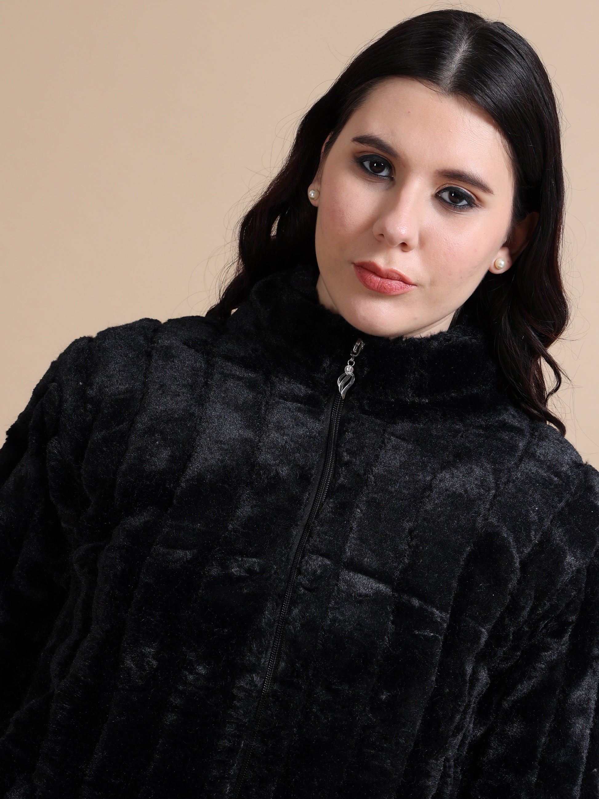 Slim Fit Solid Rabbit Black Fur Jacket for Women