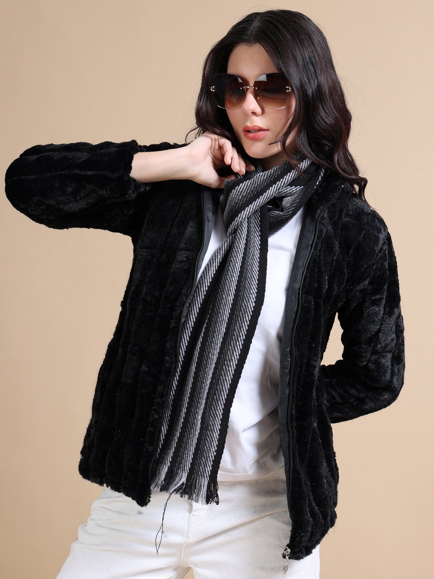 Slim Fit Solid Rabbit Black Fur Jacket for Women