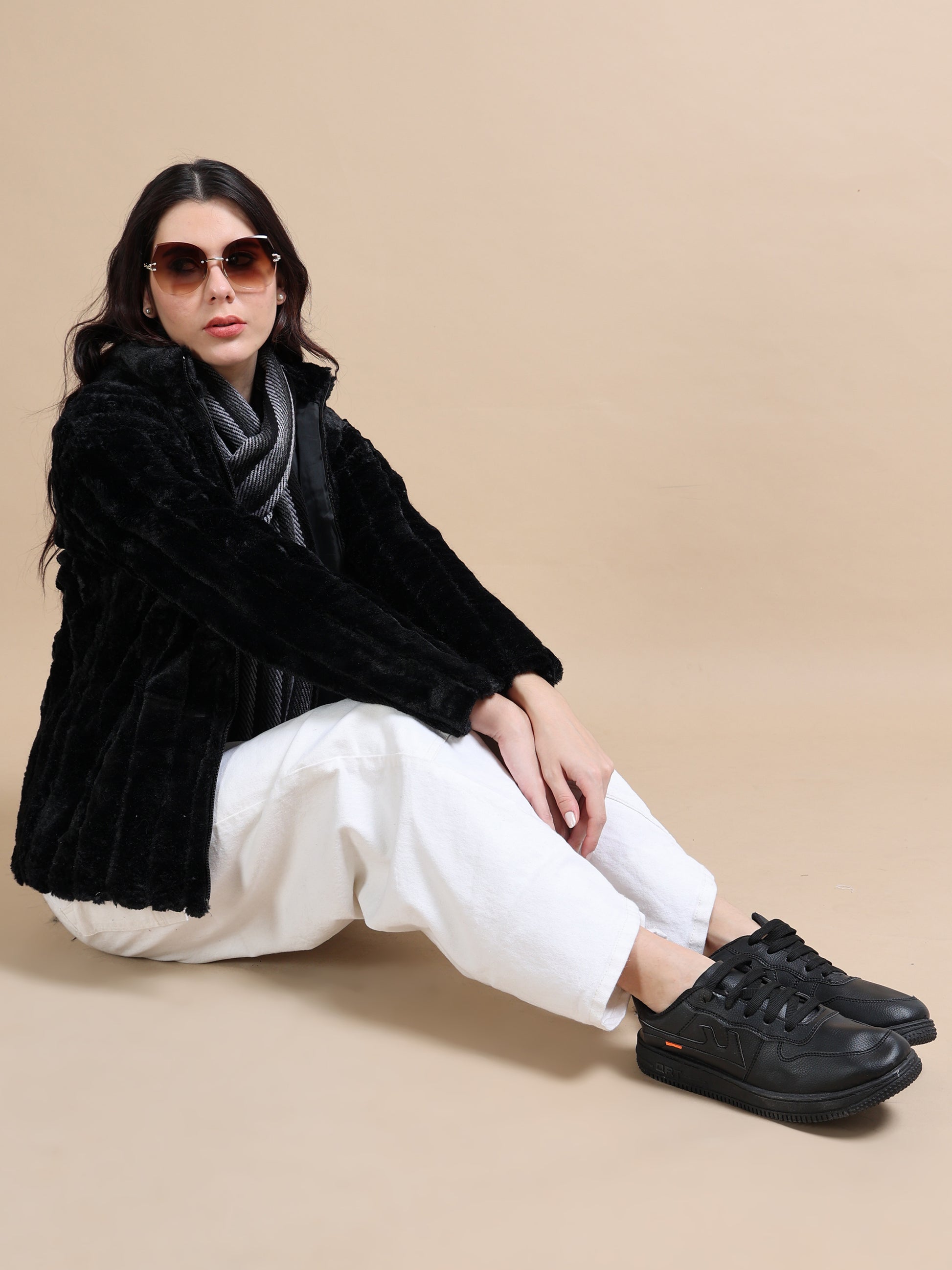 Slim Fit Solid Rabbit Black Fur Jacket for Women