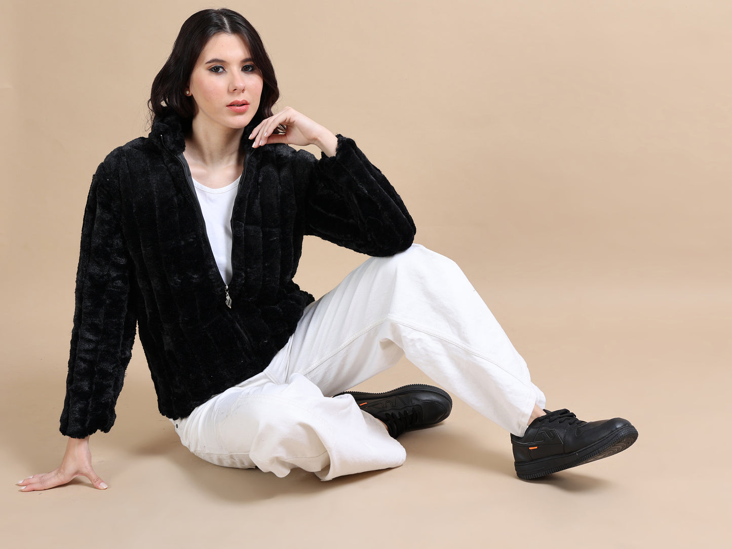 Slim Fit Solid Rabbit Black Fur Jacket for Women