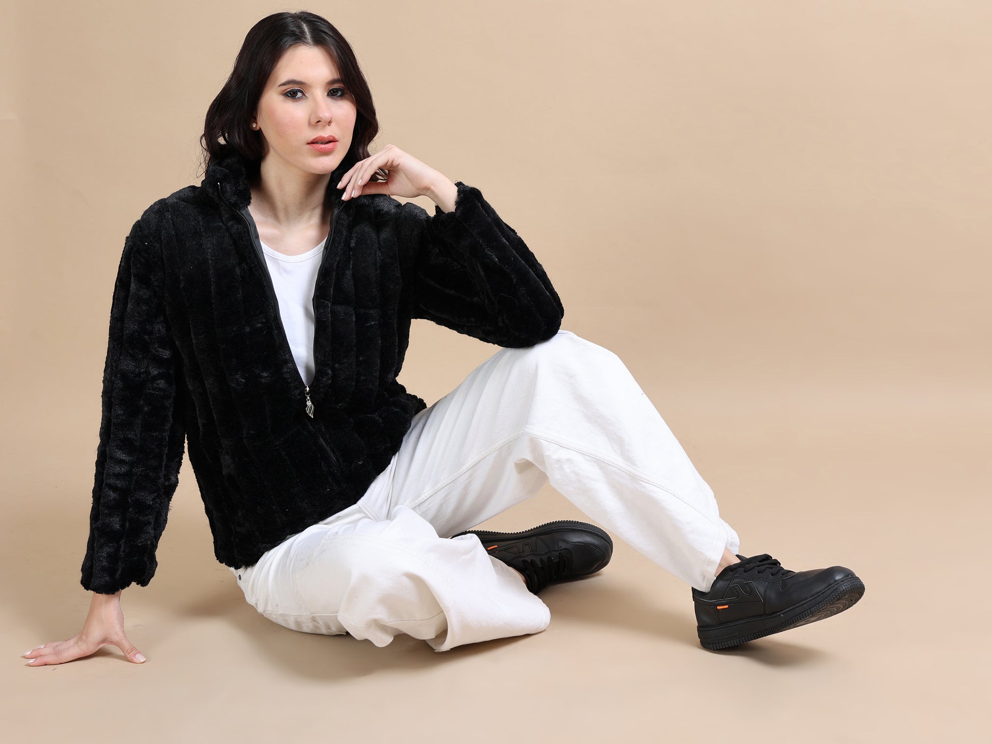 Slim Fit Solid Rabbit Black Fur Jacket for Women