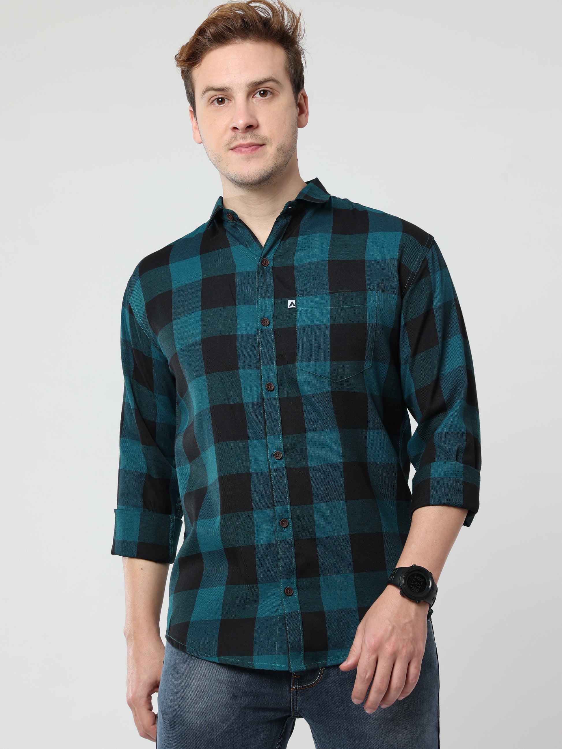 Cotton Tomtom Blue Plaid Shirt Outfit For Men