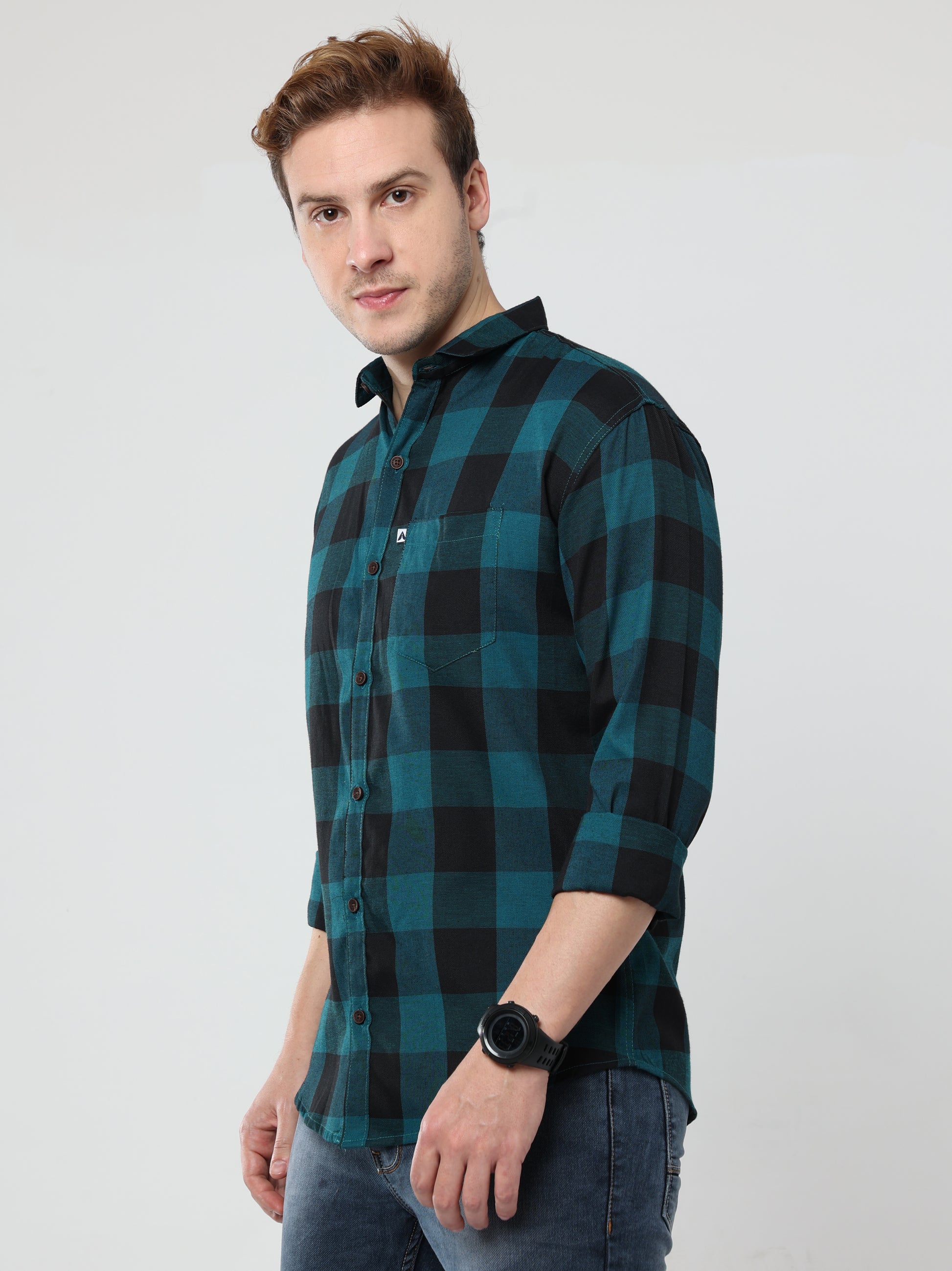 Cotton Tomtom Blue Plaid Shirt Outfit For Men