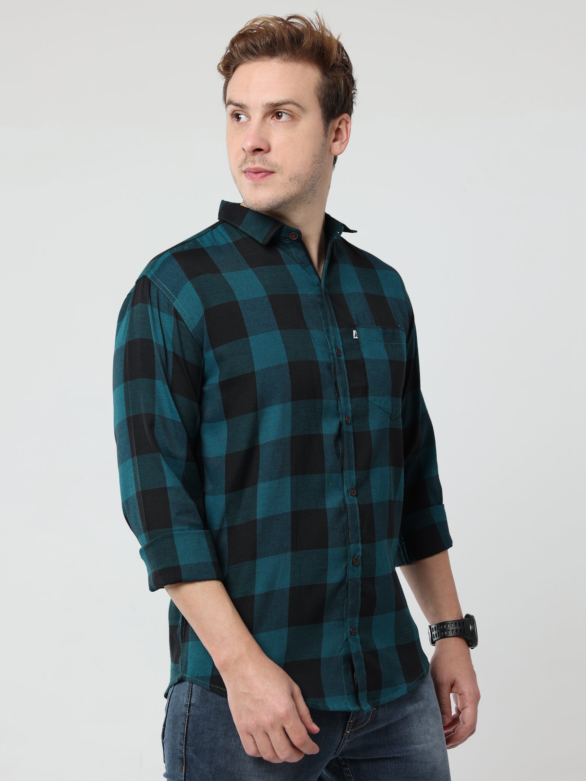 Cotton Tomtom Blue Plaid Shirt Outfit For Men