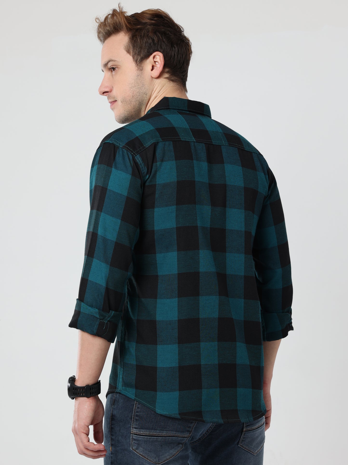 Cotton Tomtom Blue Plaid Shirt Outfit For Men
