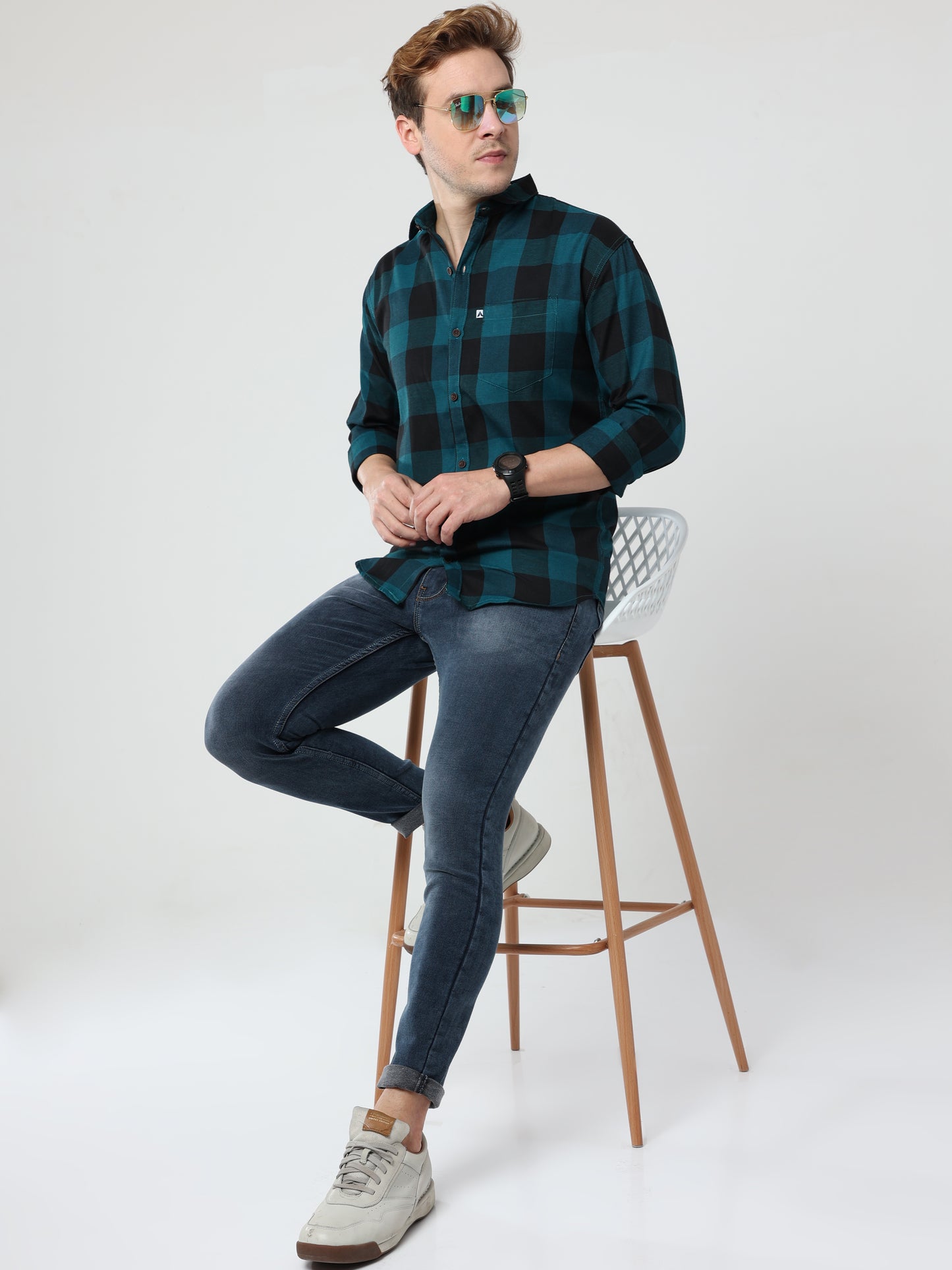 Cotton Tomtom Blue Plaid Shirt Outfit For Men