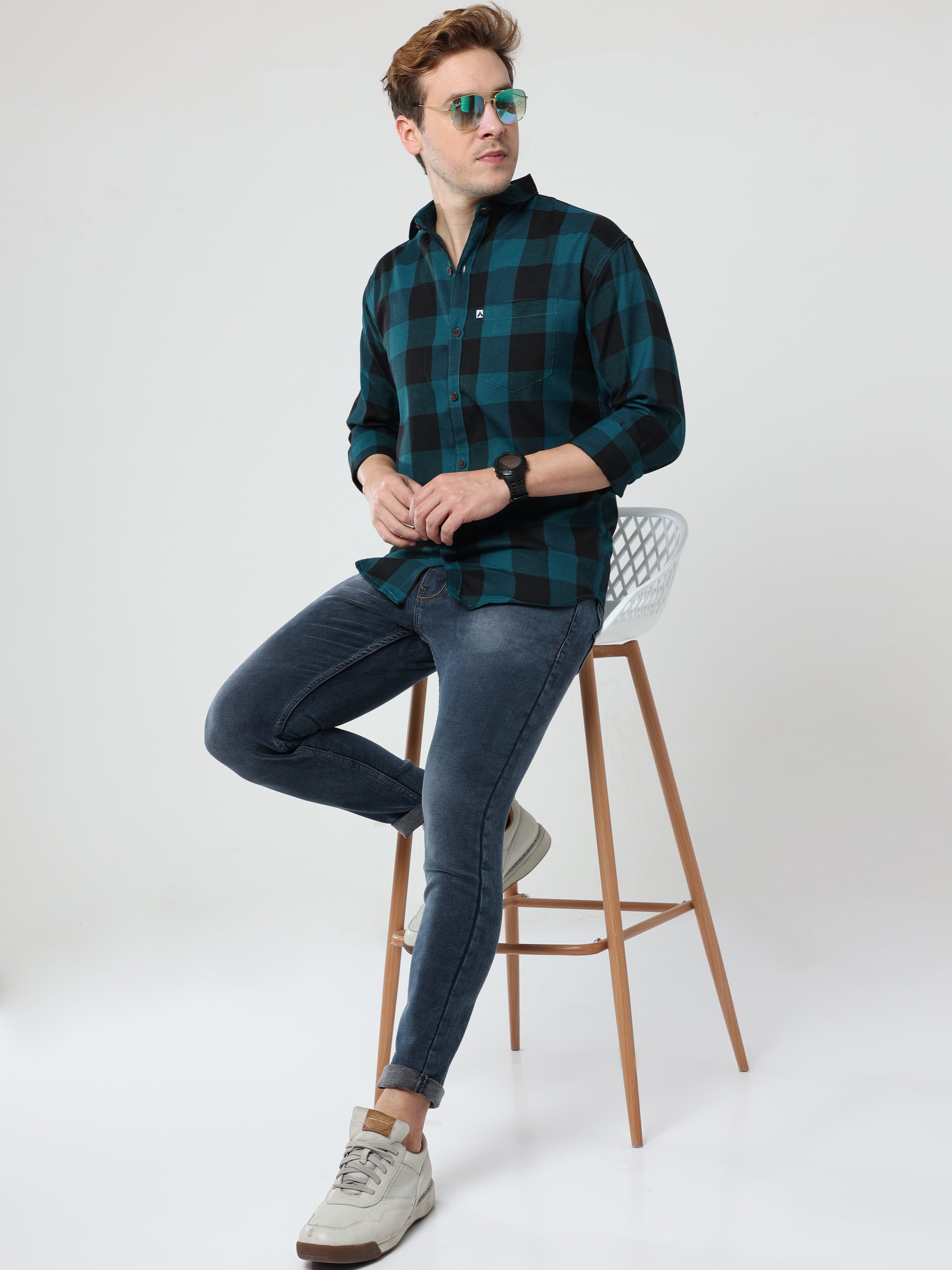 Cotton Tomtom Blue Plaid Shirt Outfit For Men