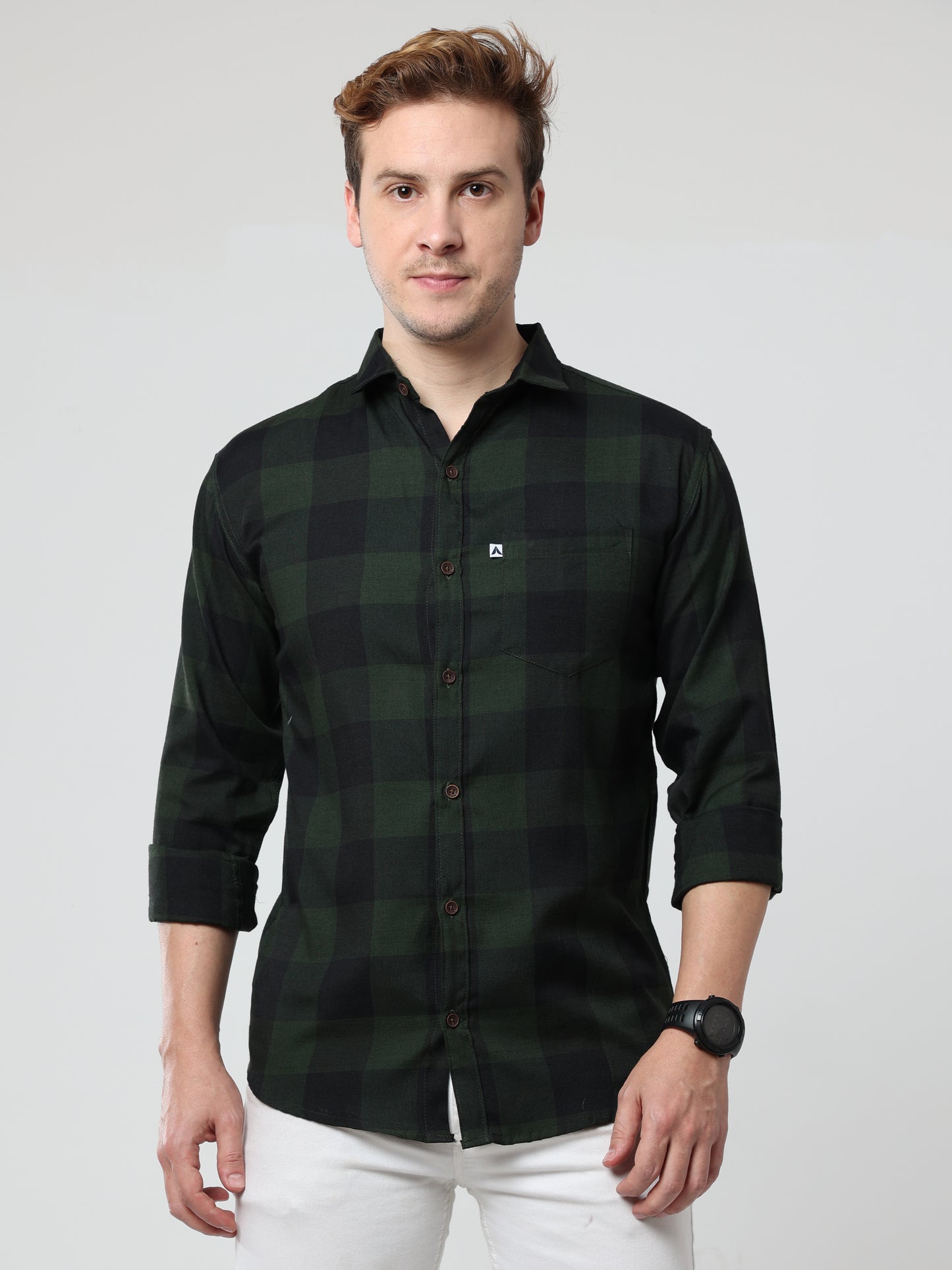 Tomtom Cotton Blend Green Plaid Long Sleeve Shirt For Men