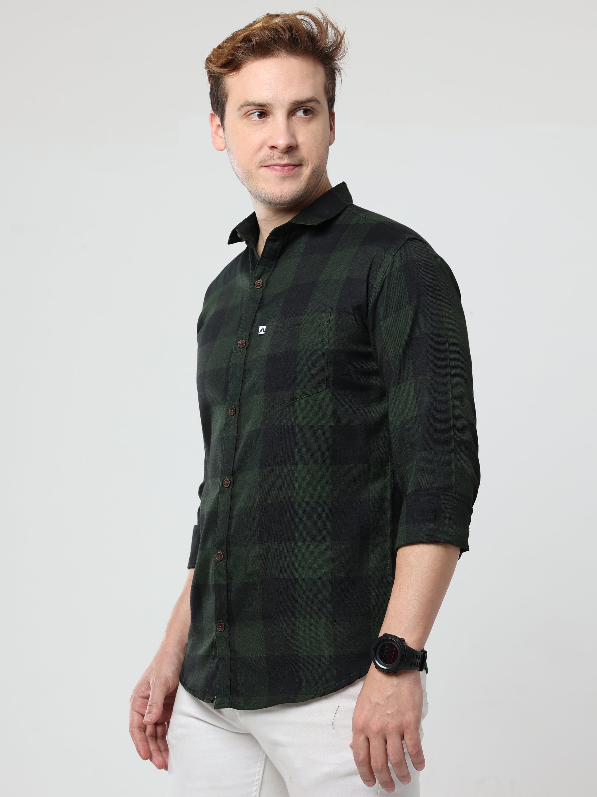Tomtom Cotton Blend Green Plaid Long Sleeve Shirt For Men