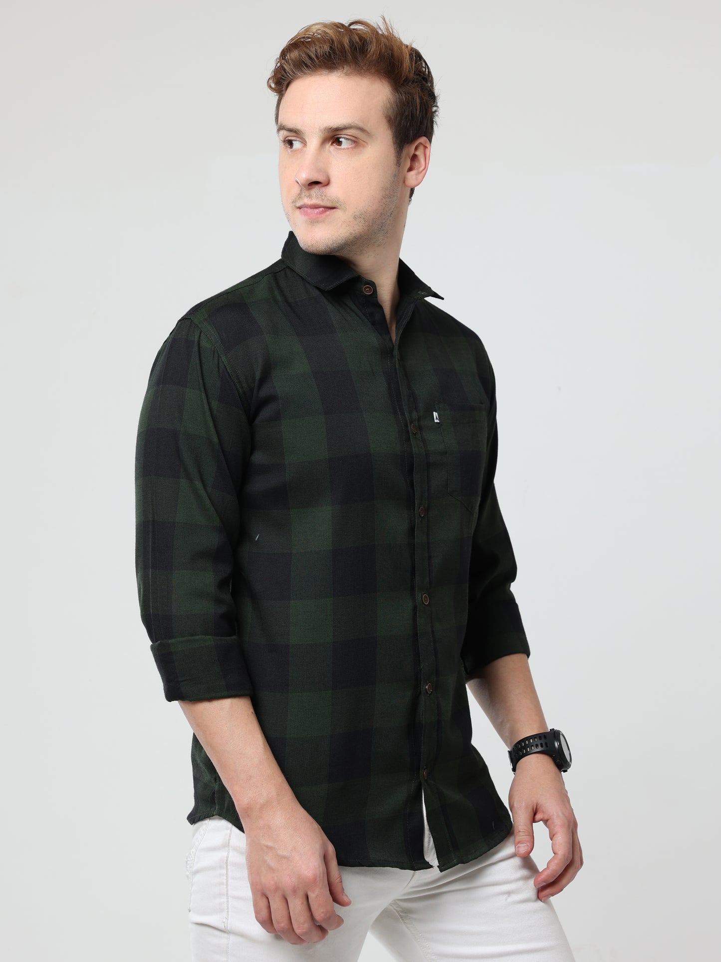 Tomtom Cotton Blend Green Plaid Long Sleeve Shirt For Men