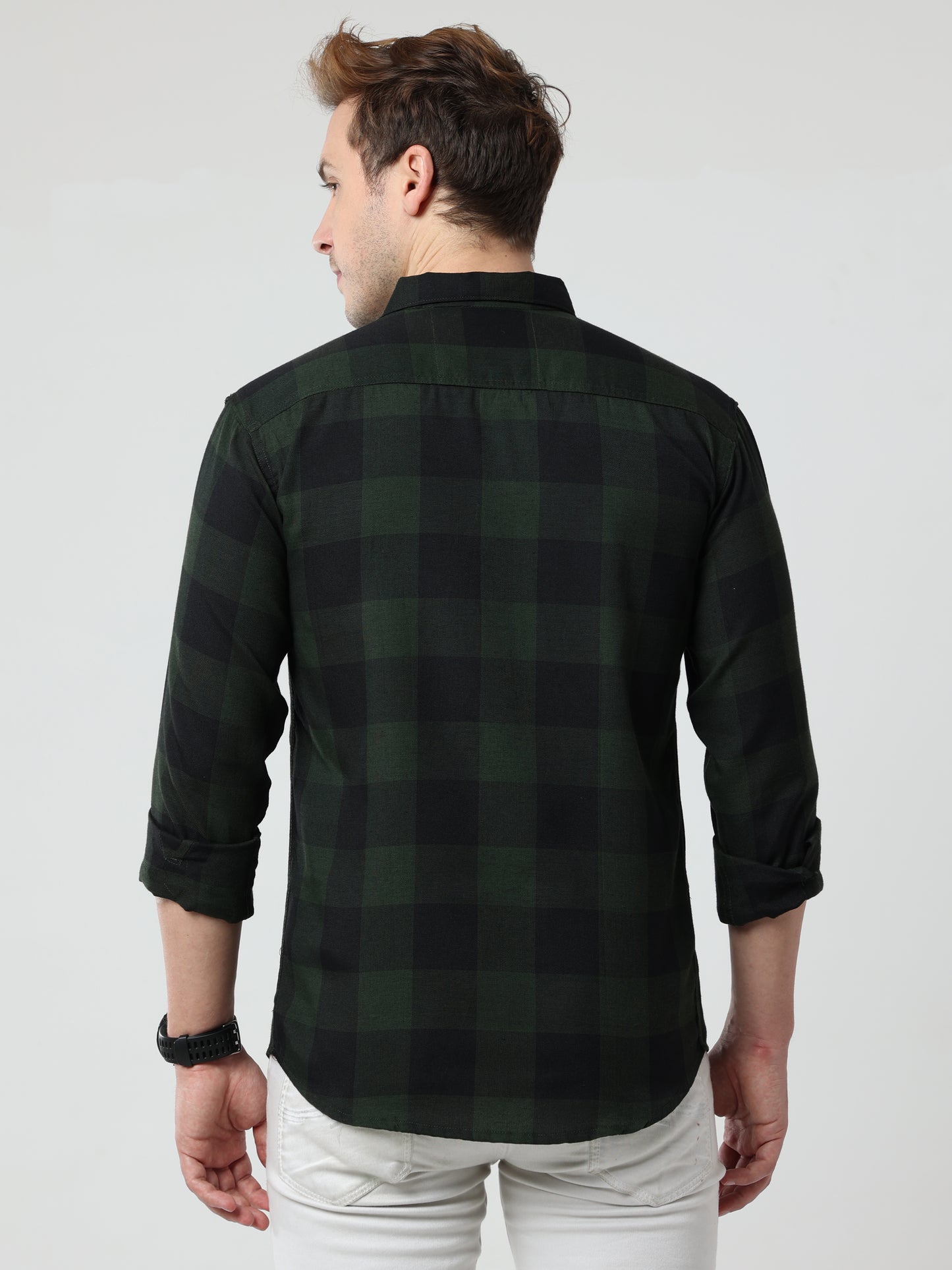 Tomtom Cotton Blend Green Plaid Long Sleeve Shirt For Men