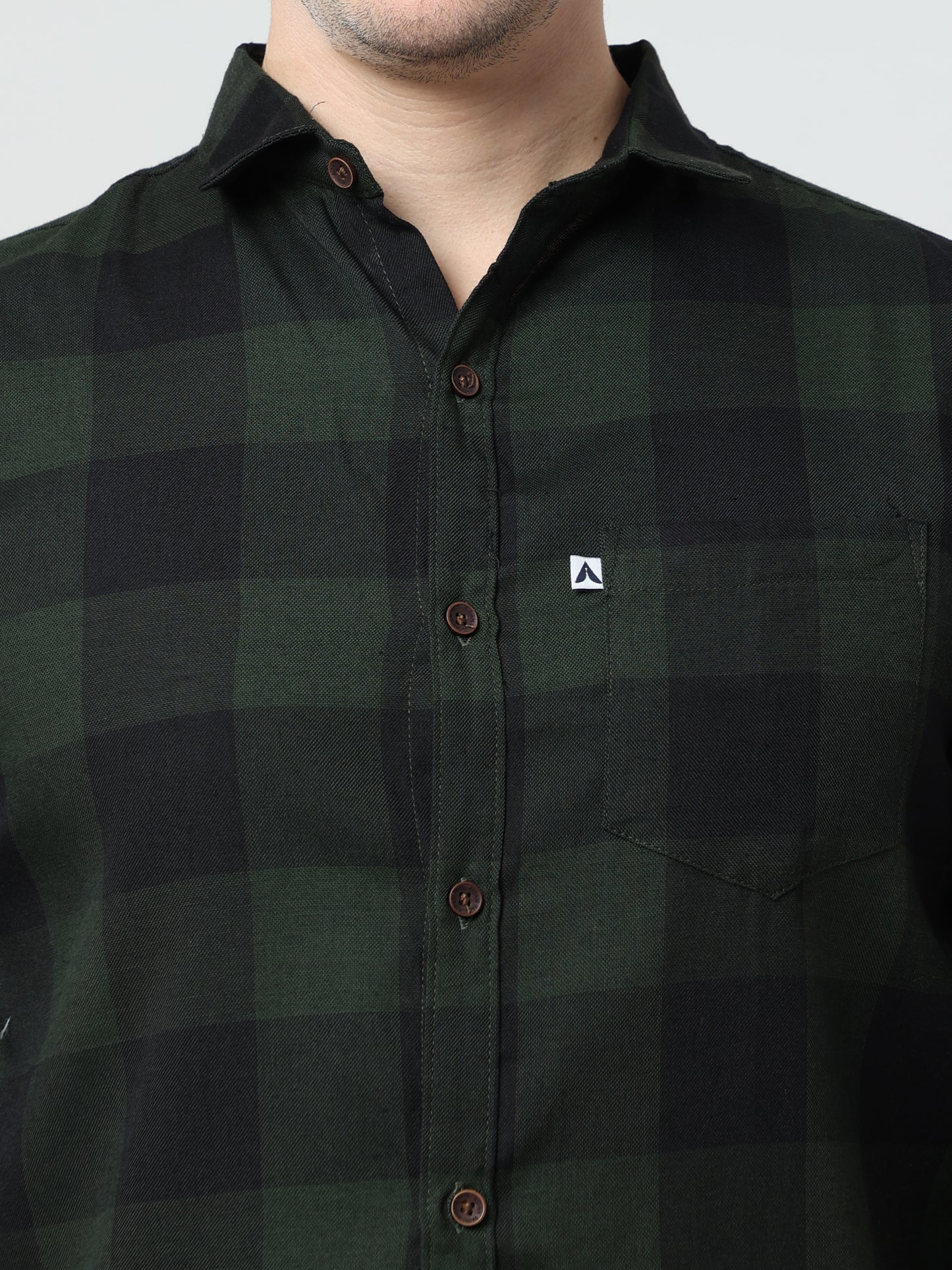 Tomtom Cotton Blend Green Plaid Long Sleeve Shirt For Men