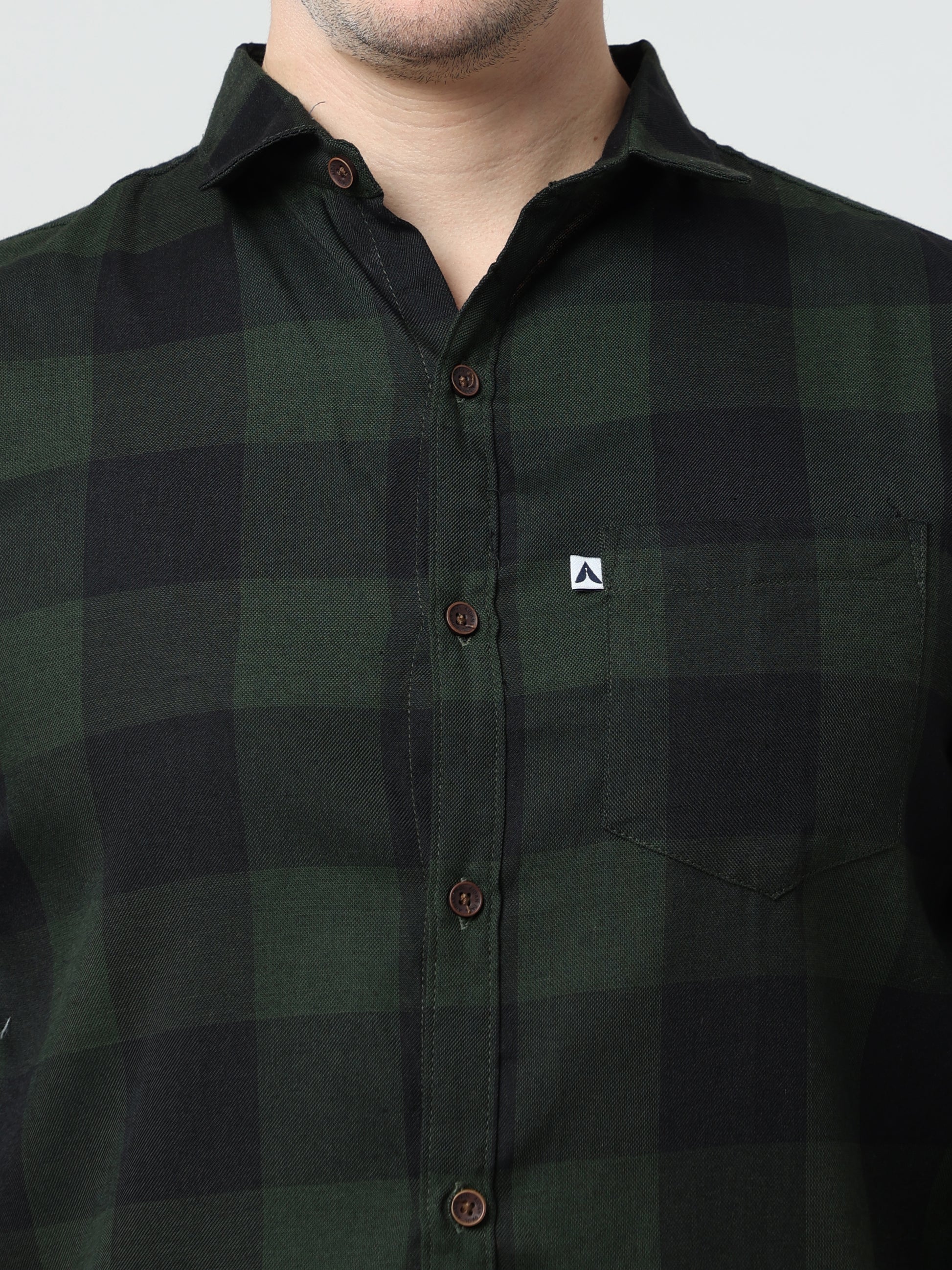Tomtom Cotton Blend Green Plaid Long Sleeve Shirt For Men