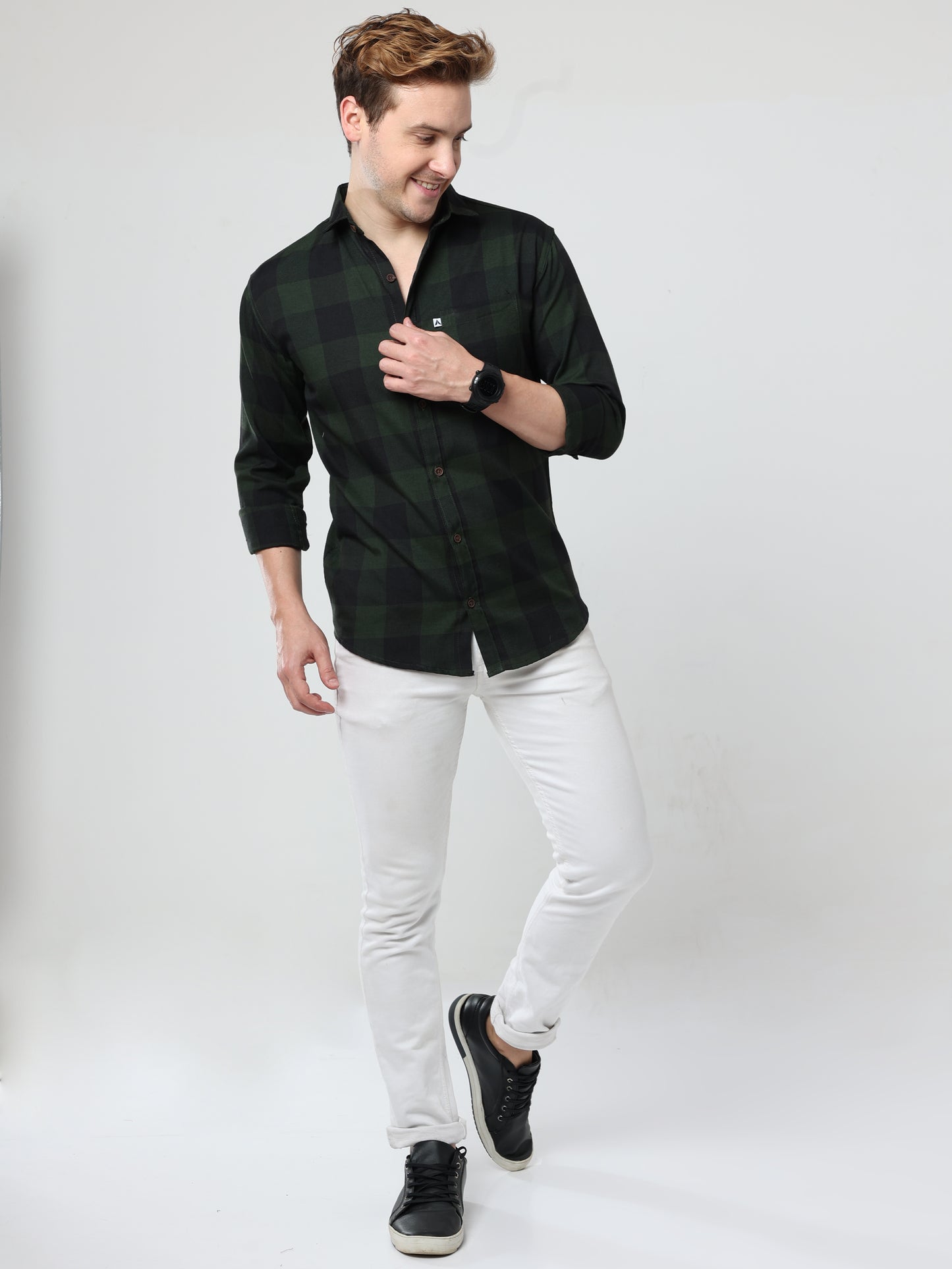 Tomtom Cotton Blend Green Plaid Long Sleeve Shirt For Men