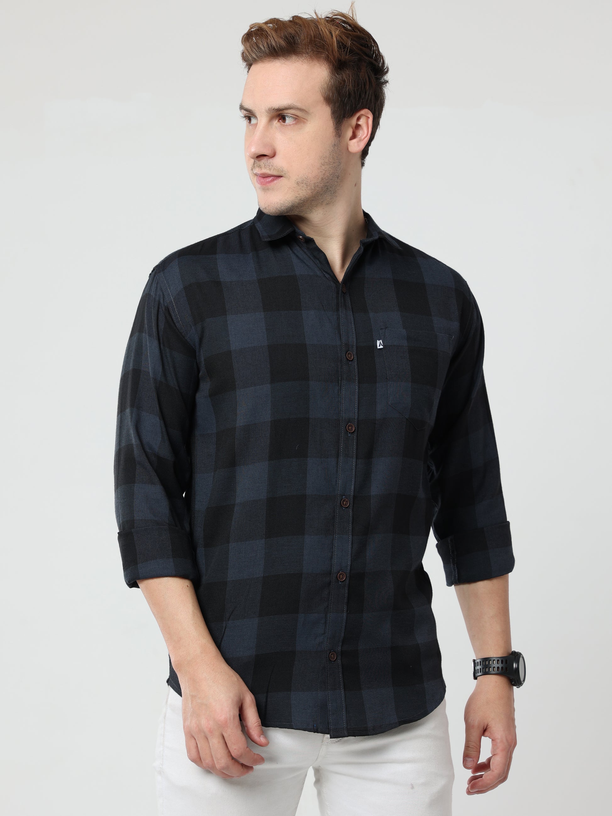 Tomtom Cotton Blend Grey Mens Long Sleeve Plaid Shirts