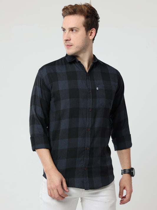 Tomtom Cotton Blend Grey Mens Long Sleeve Plaid Shirts