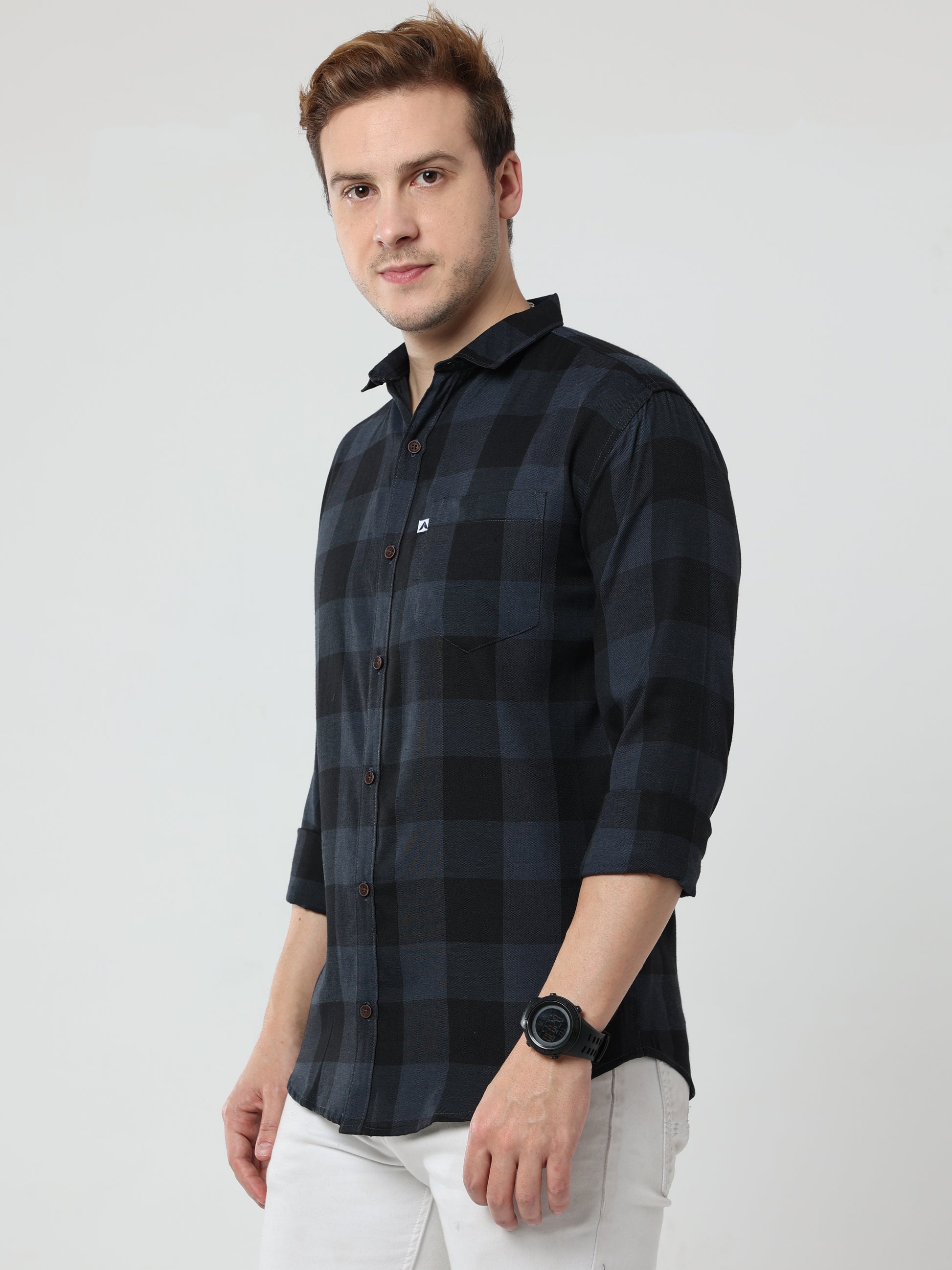 Tomtom Cotton Blend Grey Mens Long Sleeve Plaid Shirts