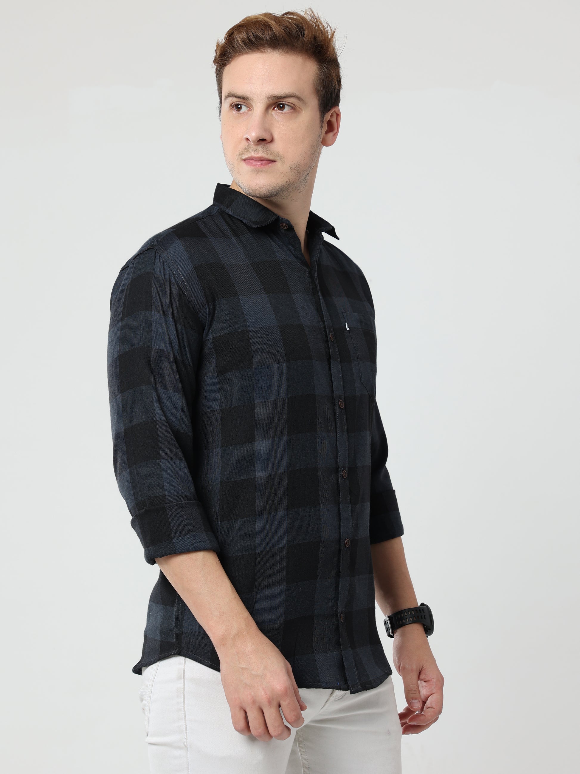 Tomtom Cotton Blend Grey Mens Long Sleeve Plaid Shirts
