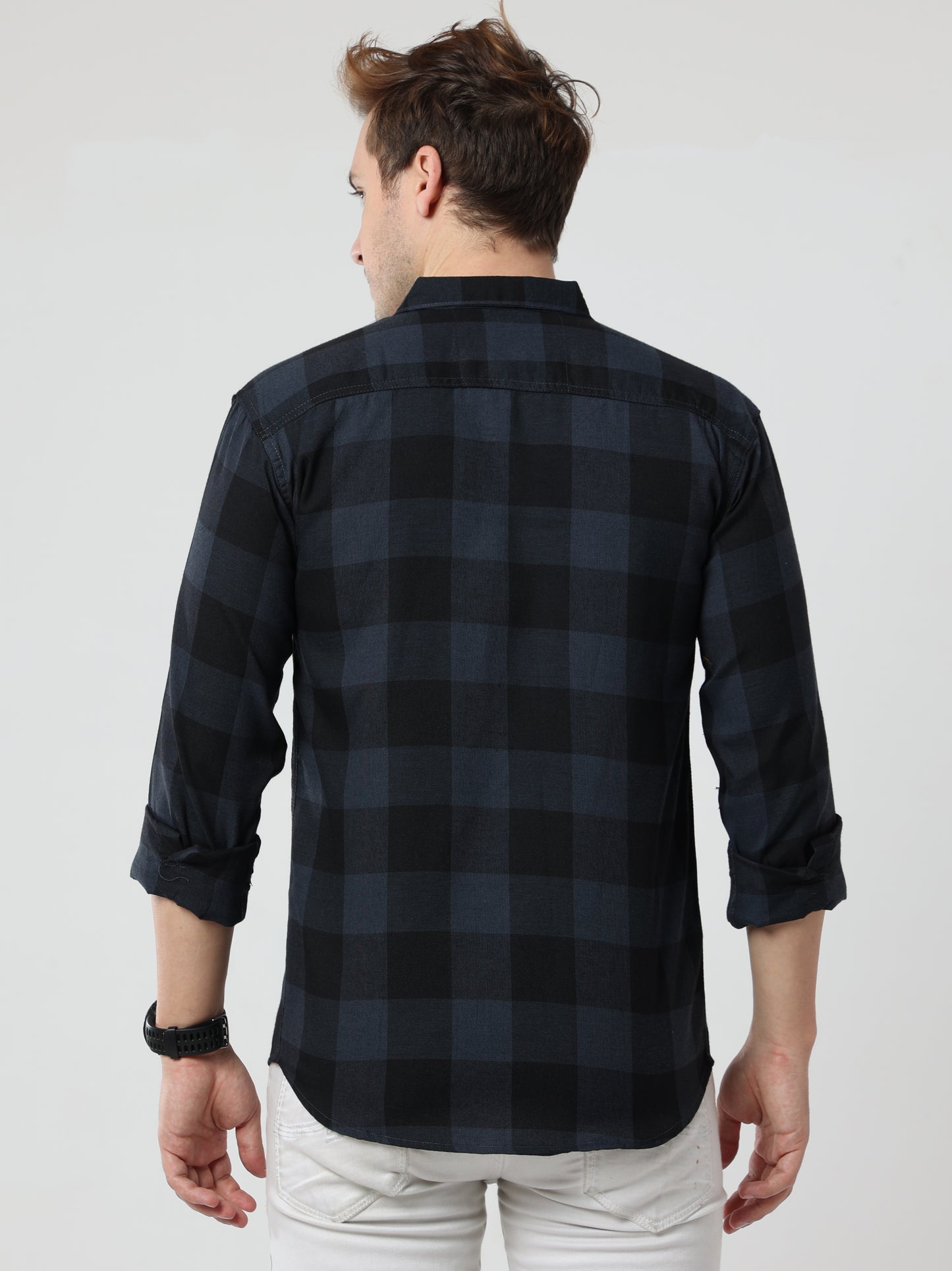 Tomtom Cotton Blend Grey Mens Long Sleeve Plaid Shirts