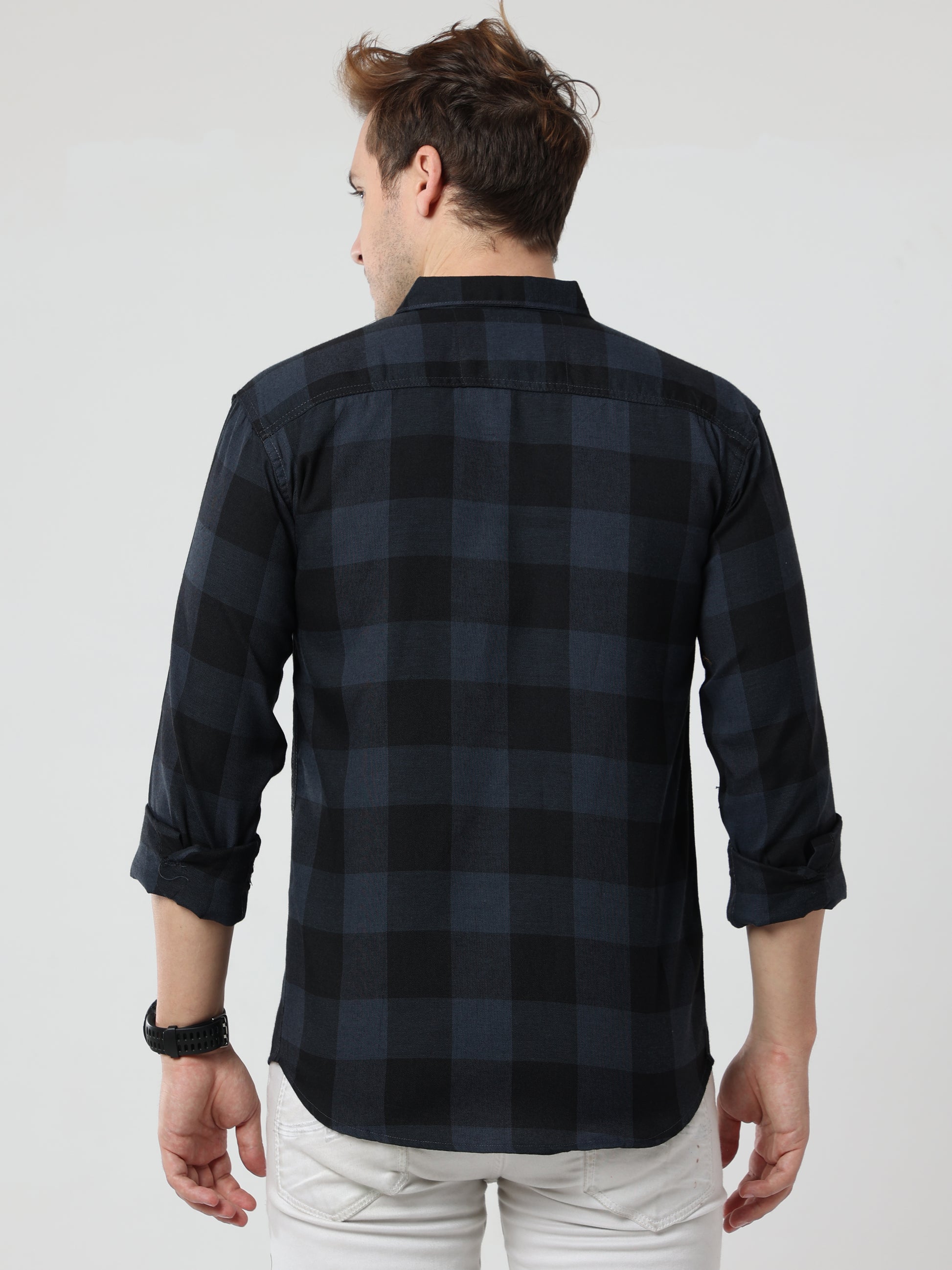 Tomtom Cotton Blend Grey Mens Long Sleeve Plaid Shirts