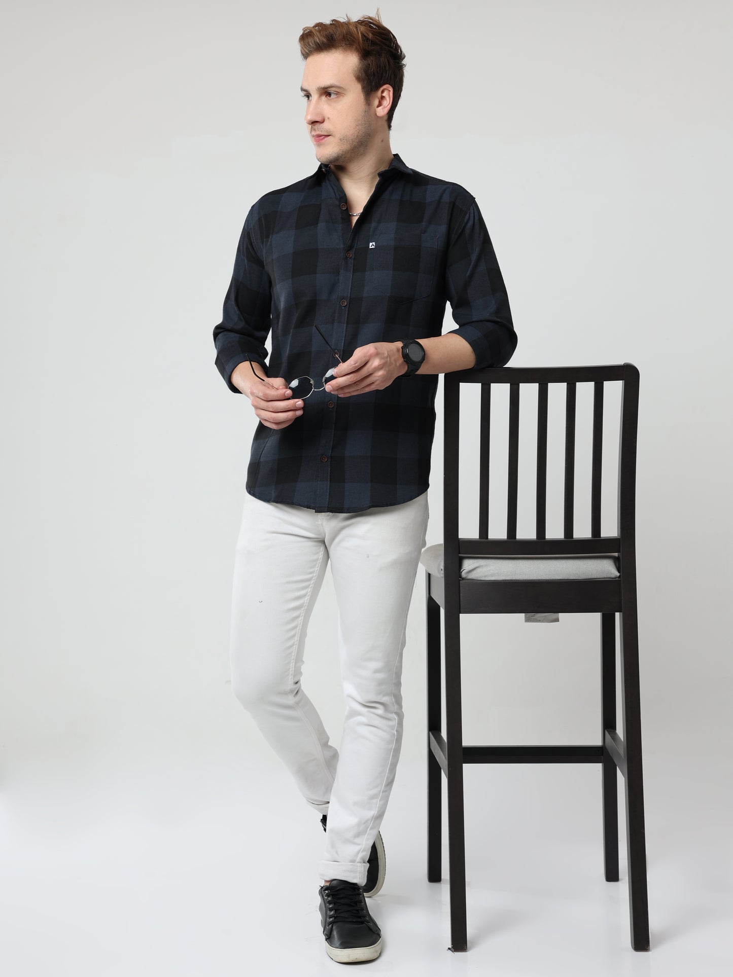 Tomtom Cotton Blend Grey Mens Long Sleeve Plaid Shirts