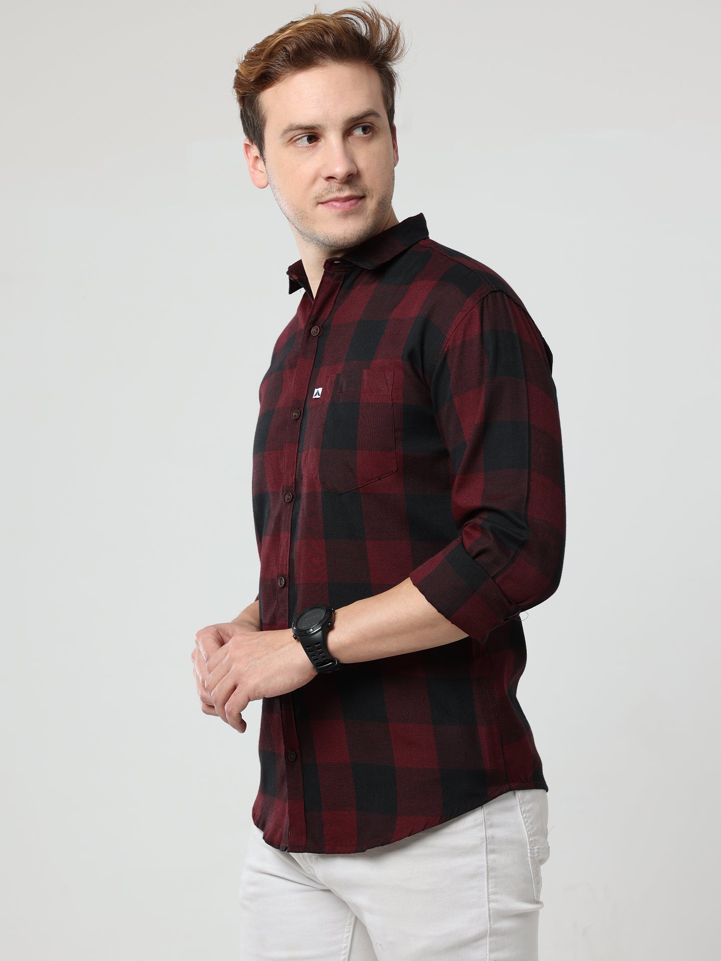 Cotton Tomtom Mens Maroon Plaid Shirt